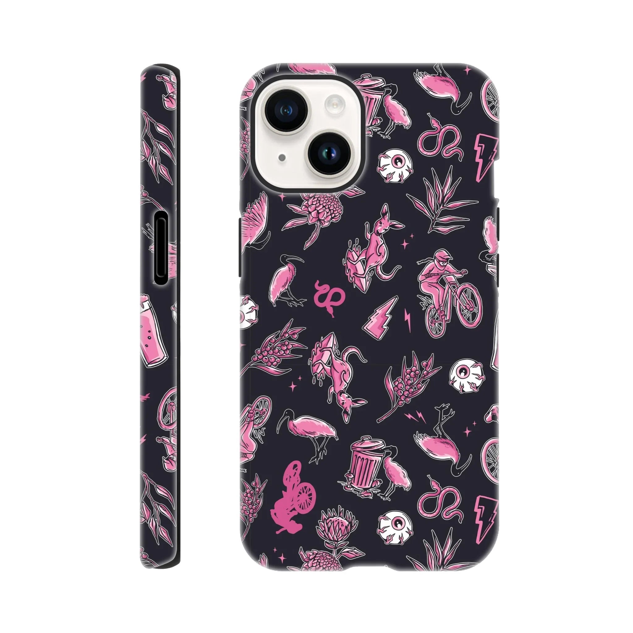 Black iPhone case with pink mountain bike rider, kangaroo, birds, plants, and other graphic icons