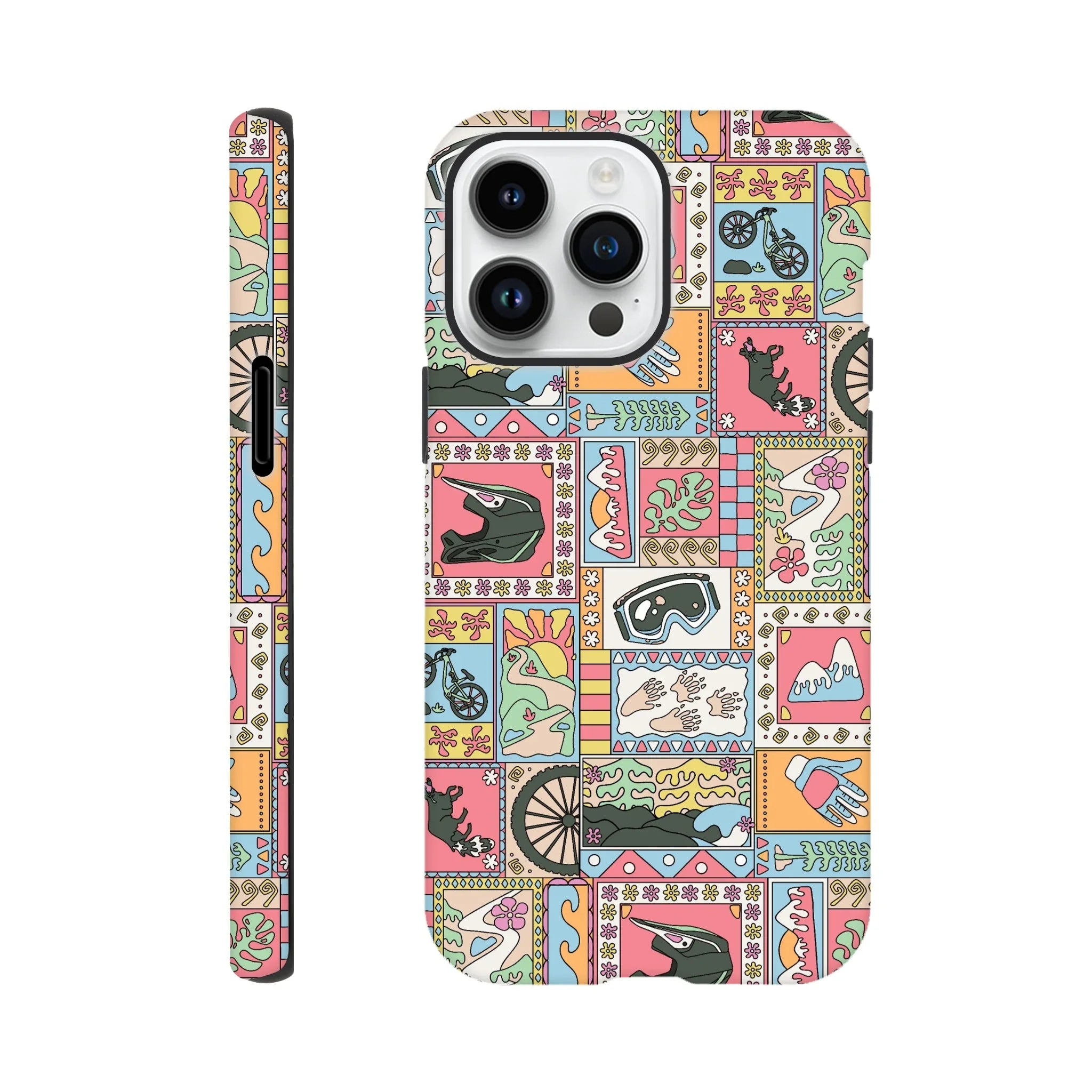 Colorful mountain bike themed phone case with abstract blocks featuring helmets, goggles, gloves, bike wheels, mountains, dogs, and nature elements