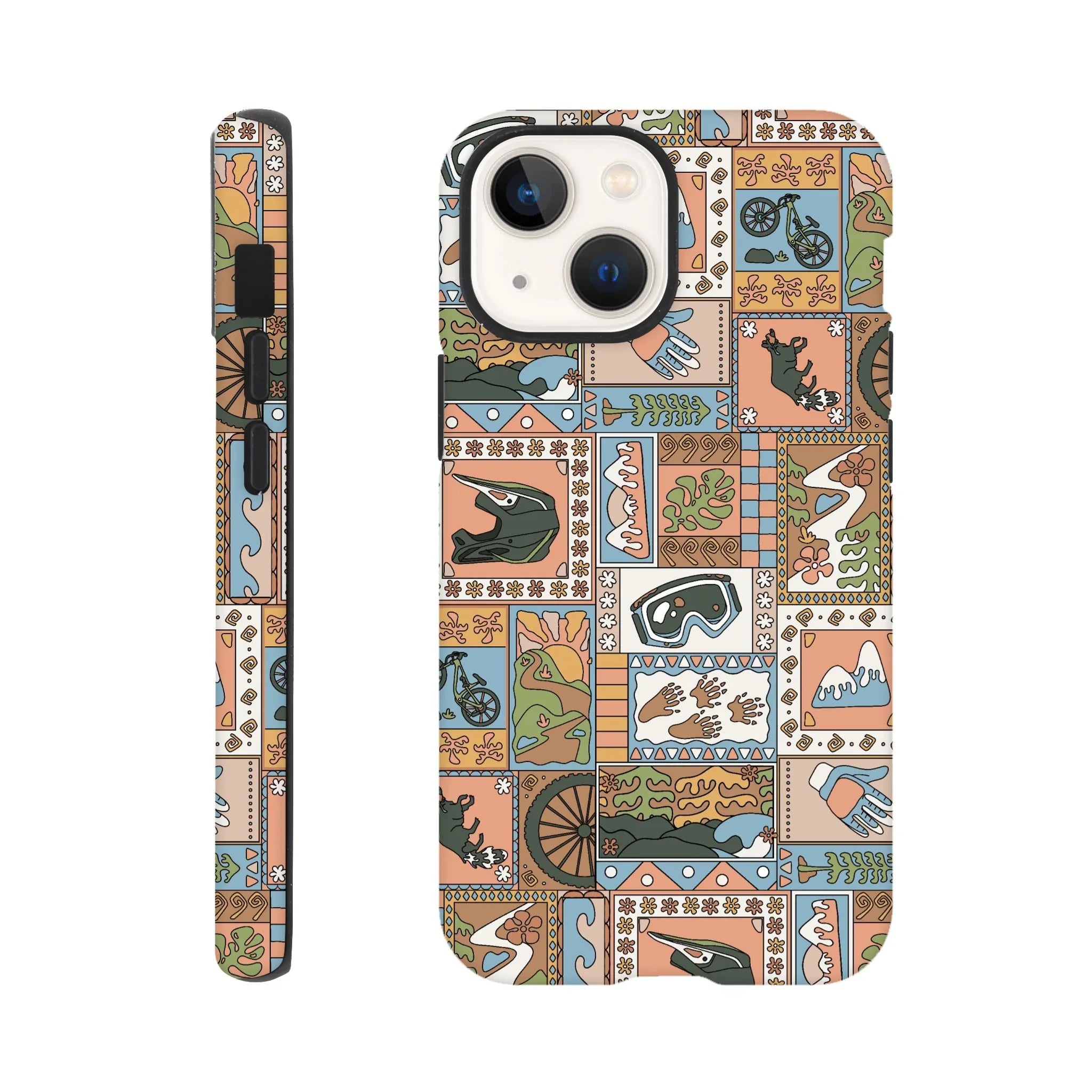 Mountain bike-themed colorful phone case with helmets, goggles, bikes, mountains, and nature patterns