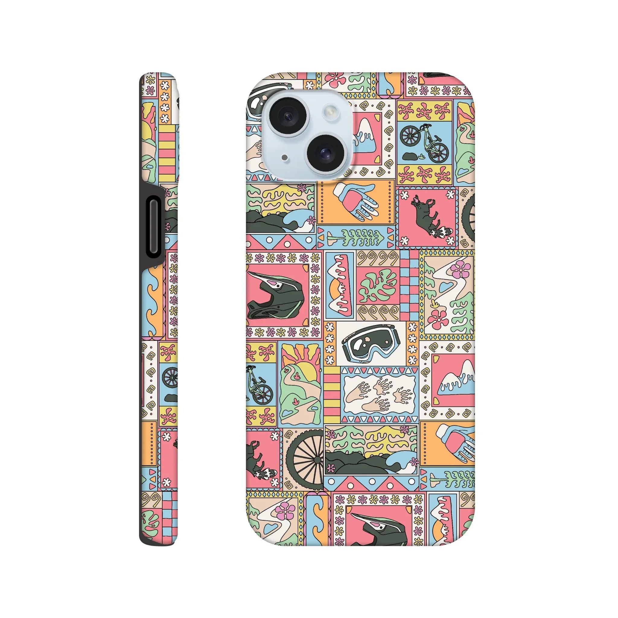 Colorful mountain biking themed phone case with helmets, goggles, bike wheels, and nature designs in pastel colors
