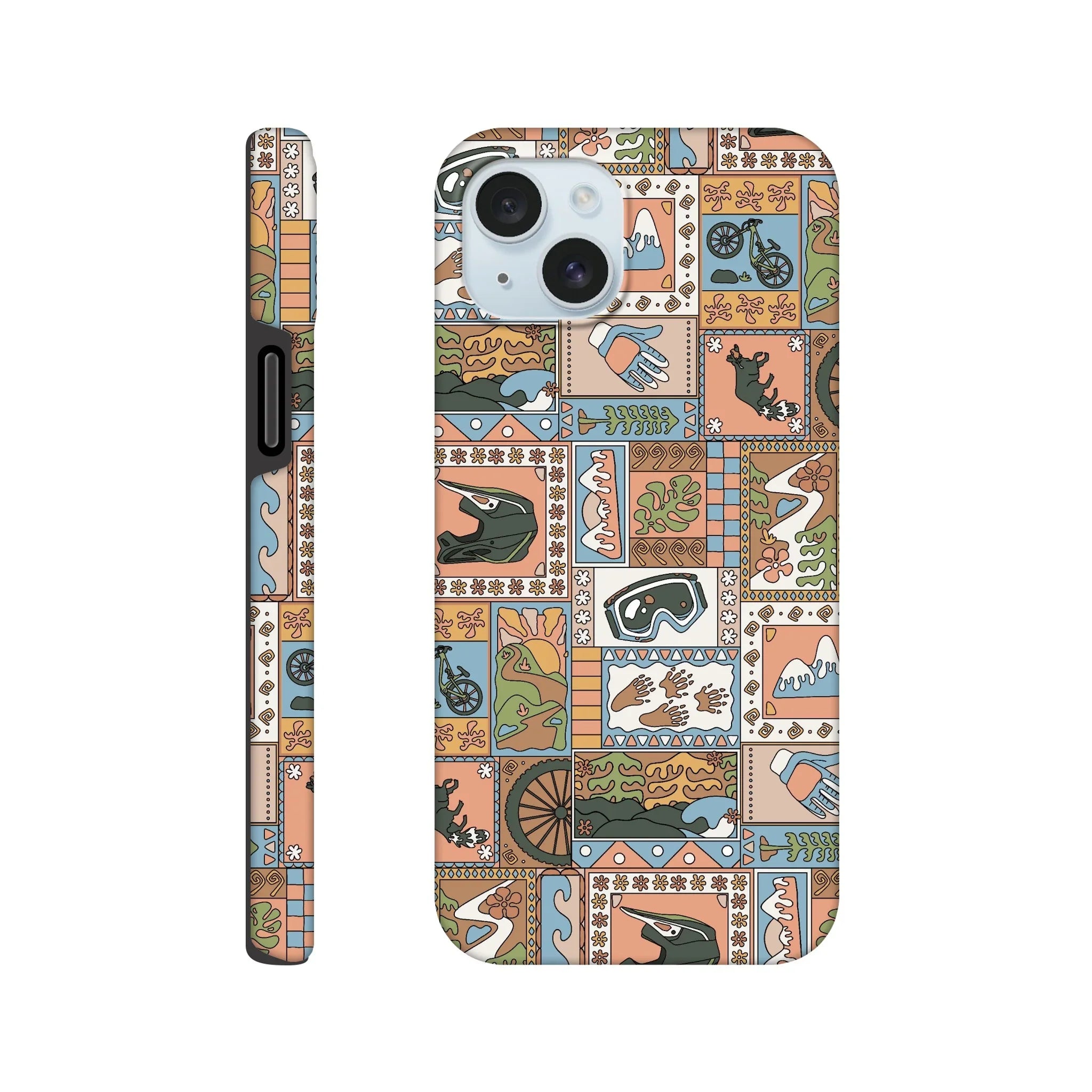 Mountain bike-themed iPhone case with illustrations of helmets, gloves, goggles, bikes, and nature in earthy tones