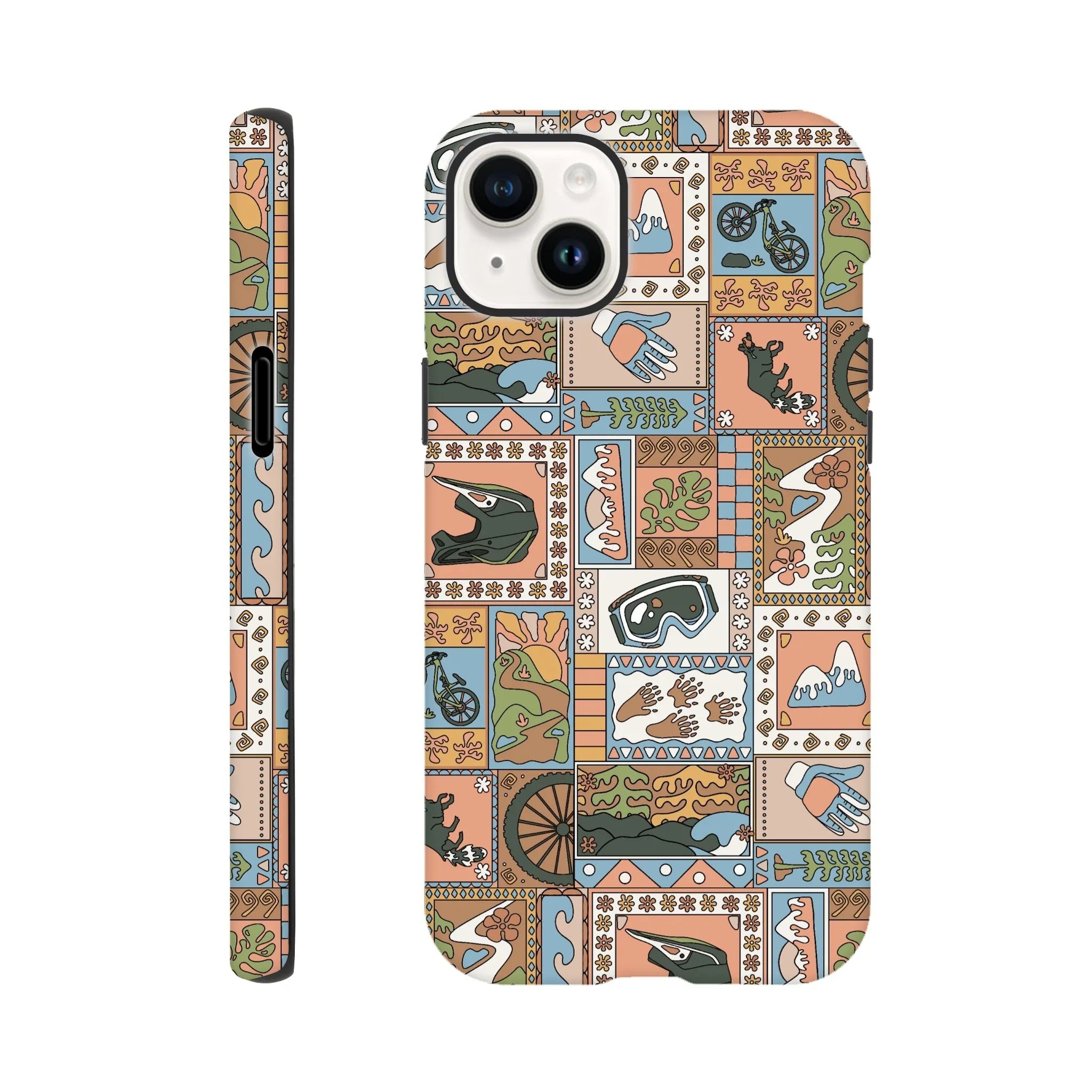 Mountain bike themed phone case with illustrations of helmet, gloves, bike, goggles, nature and trail elements in earthy colors