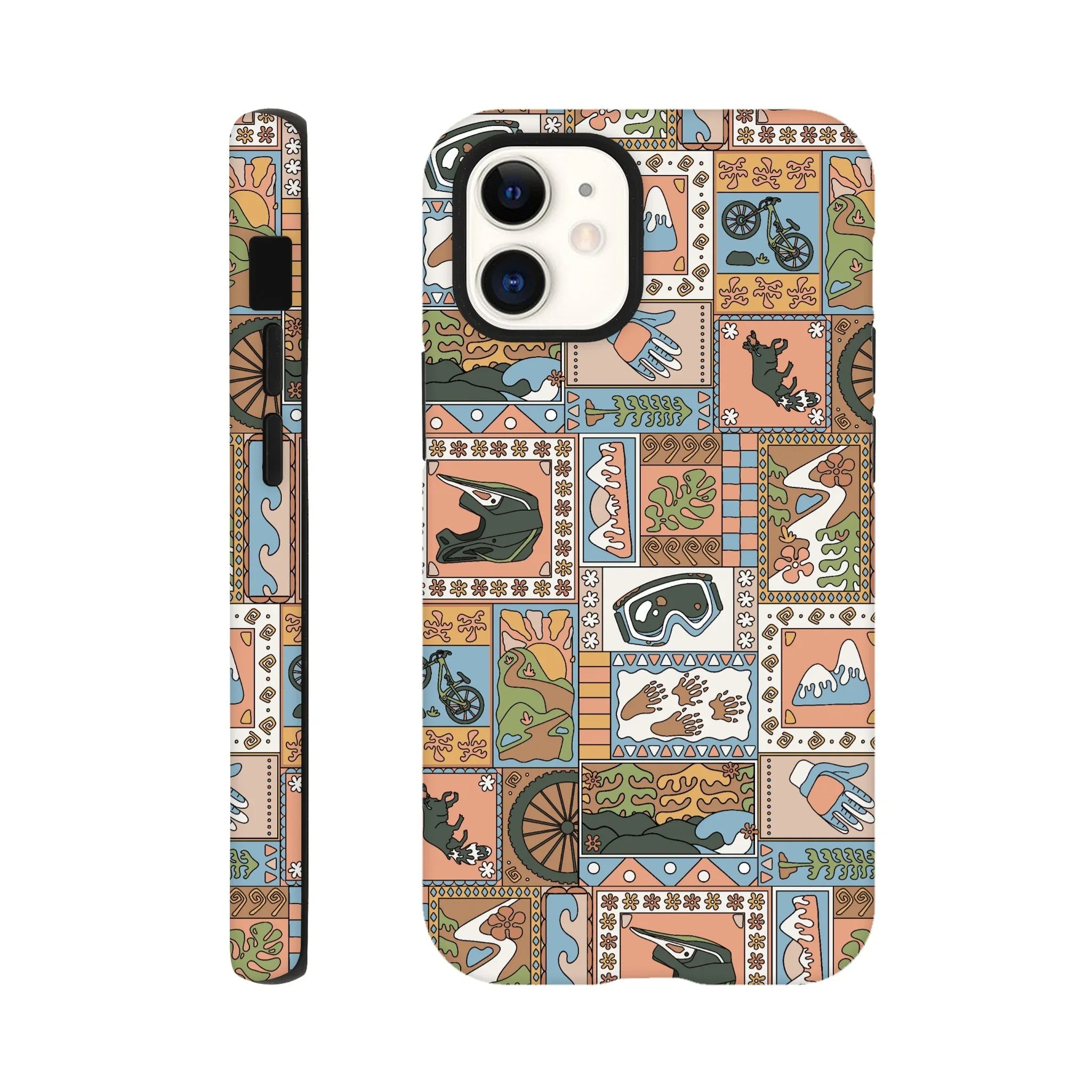 Mountain bike-themed phone case with colorful patches including bike, helmet, goggles, gloves, mountains, and nature designs