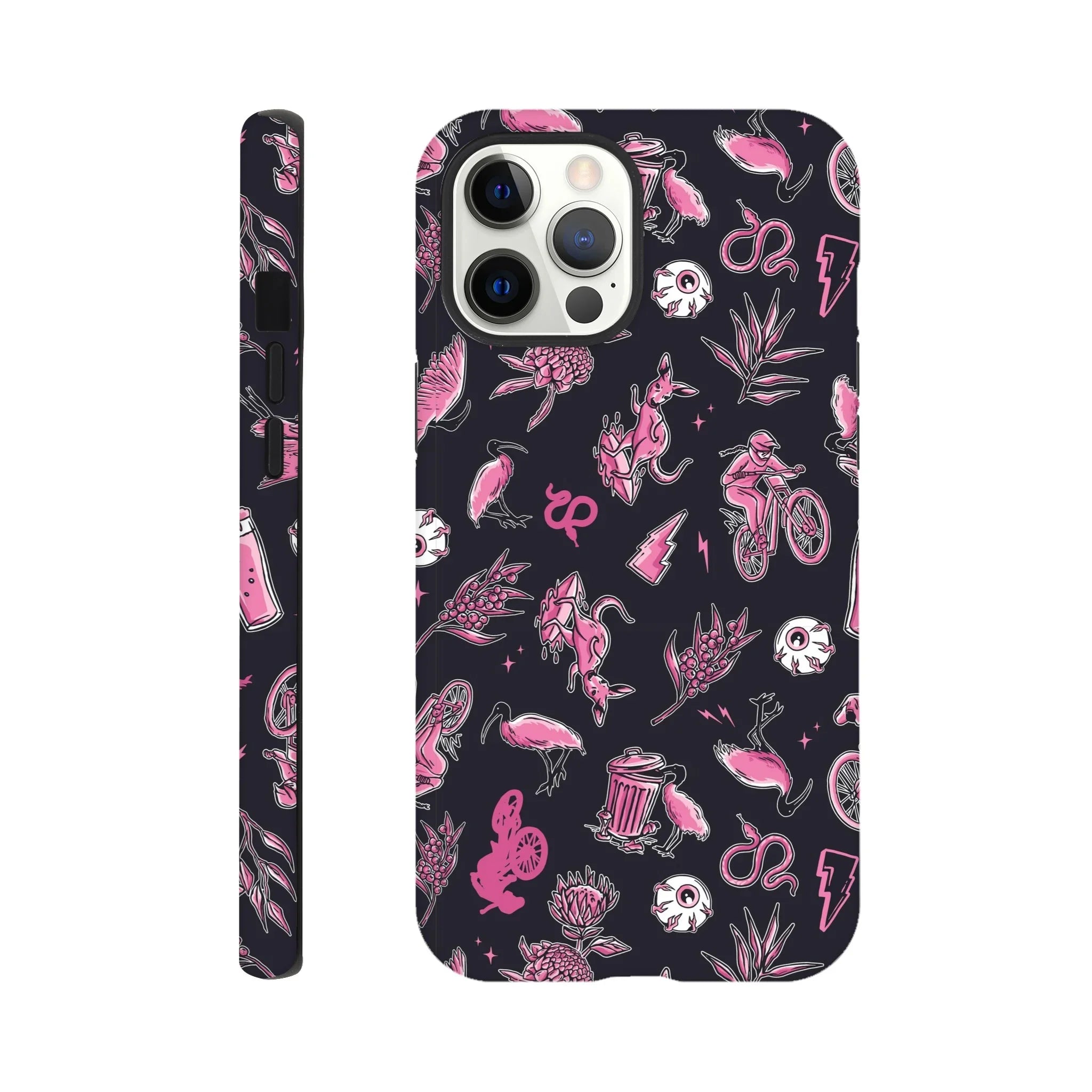 Black iPhone case with pink MTB and nature-themed illustrations including cyclists, animals, plants, and lightning bolts