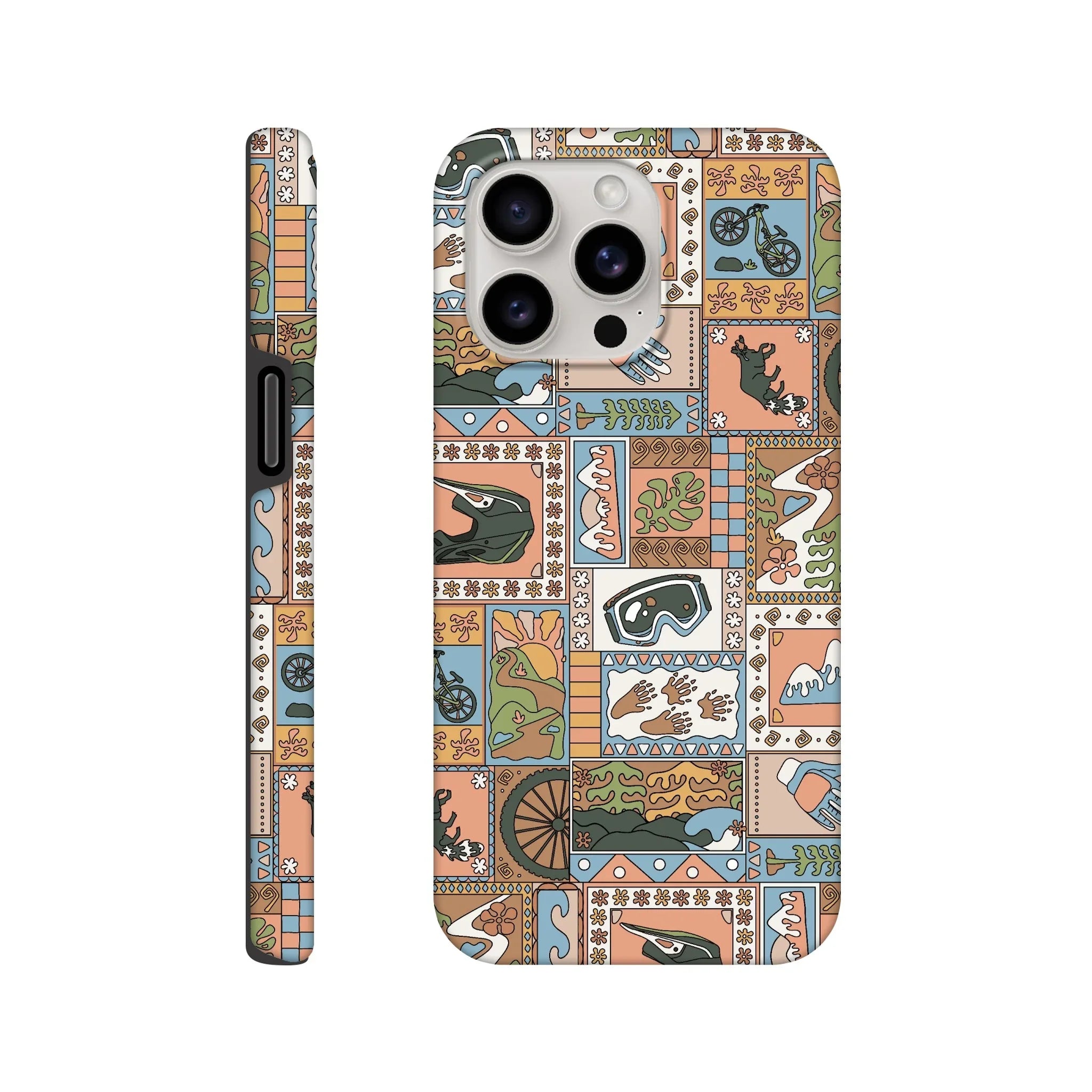 Phone case with colorful mountain biking pattern including helmets, goggles, bike wheels, and nature elements