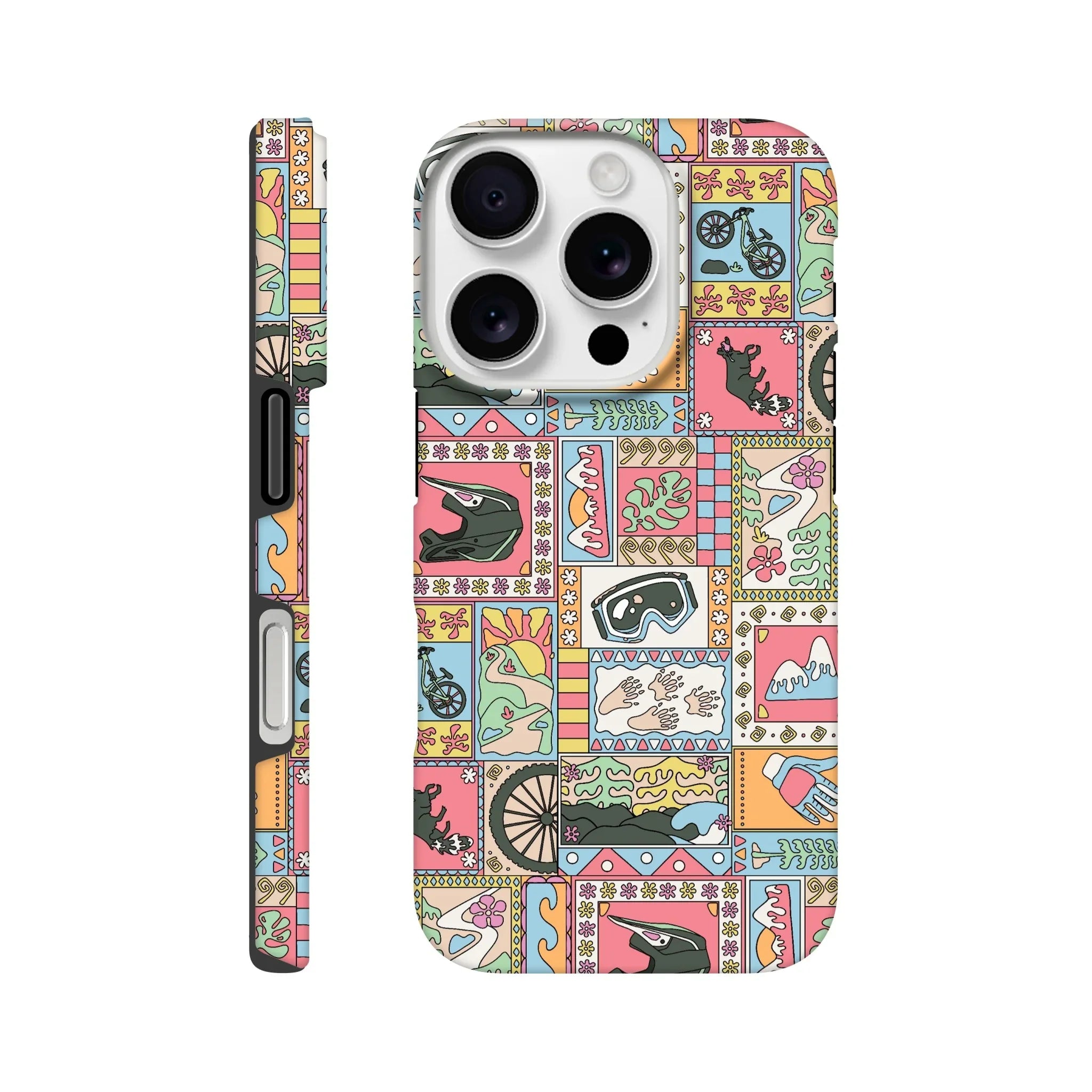 Colorful phone case with illustrated mountain bike helmet, goggles, bike wheels, dog, and landscape patches
