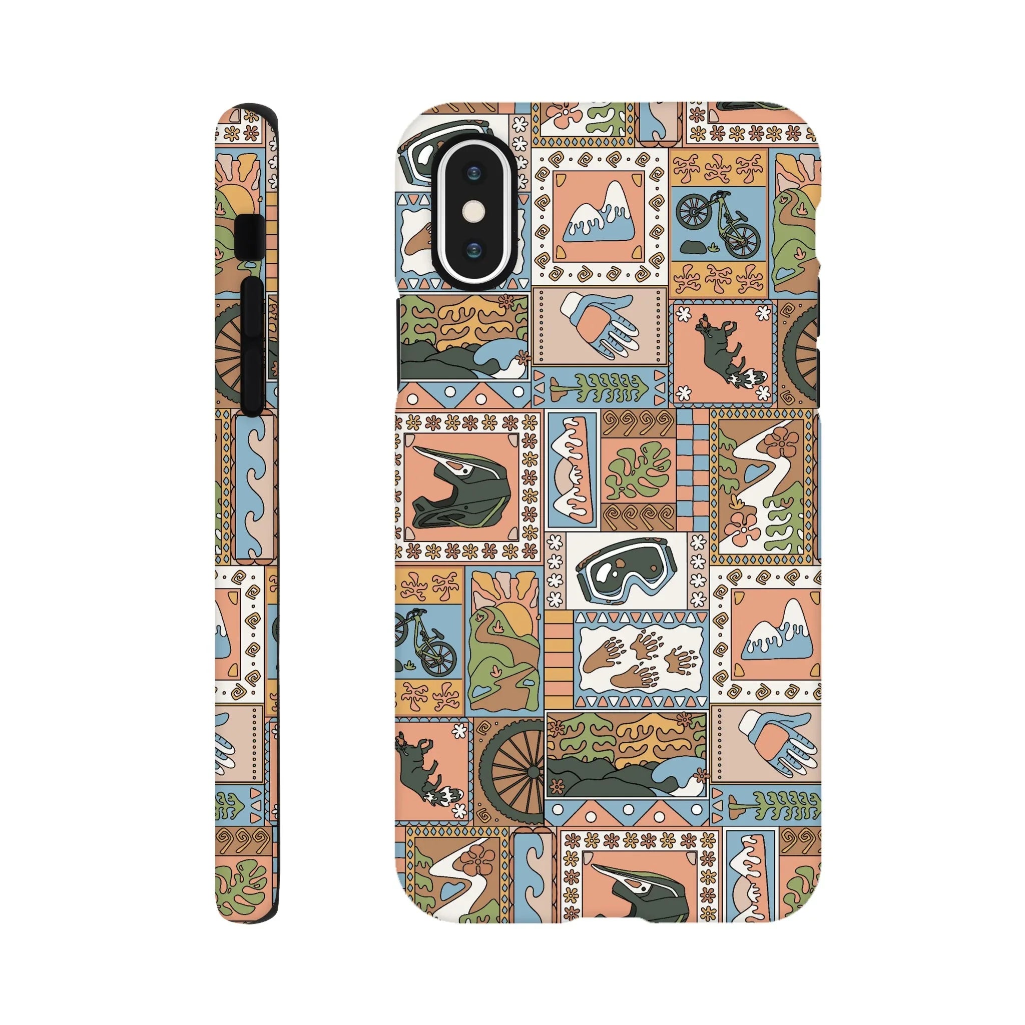 Mountain bike themed phone case with colorful patchwork of helmets, gloves, goggles, bikes, mountains, and nature designs
