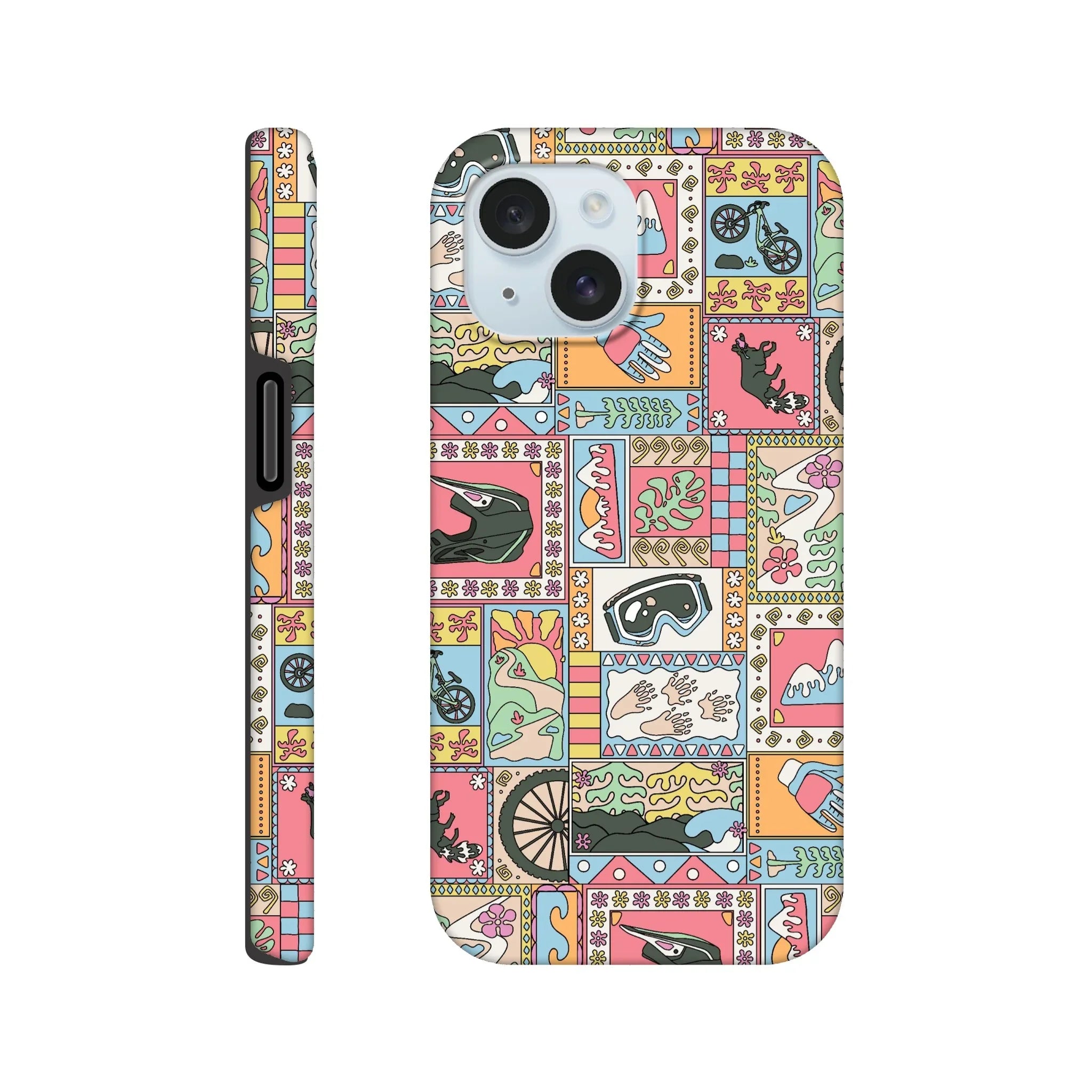 Colorful mountain bike themed phone case with illustrations of bike parts, gloves, goggles, and nature