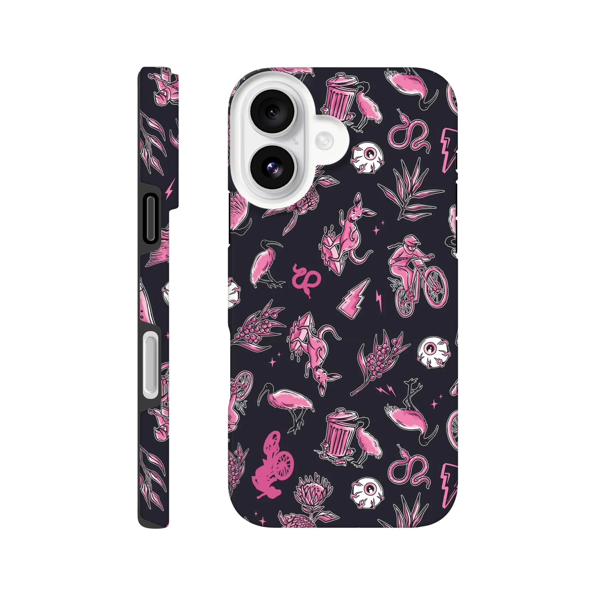 Black phone case with pink mountain bike, kangaroo, flamingo, skull, snake, and nature illustrations pattern