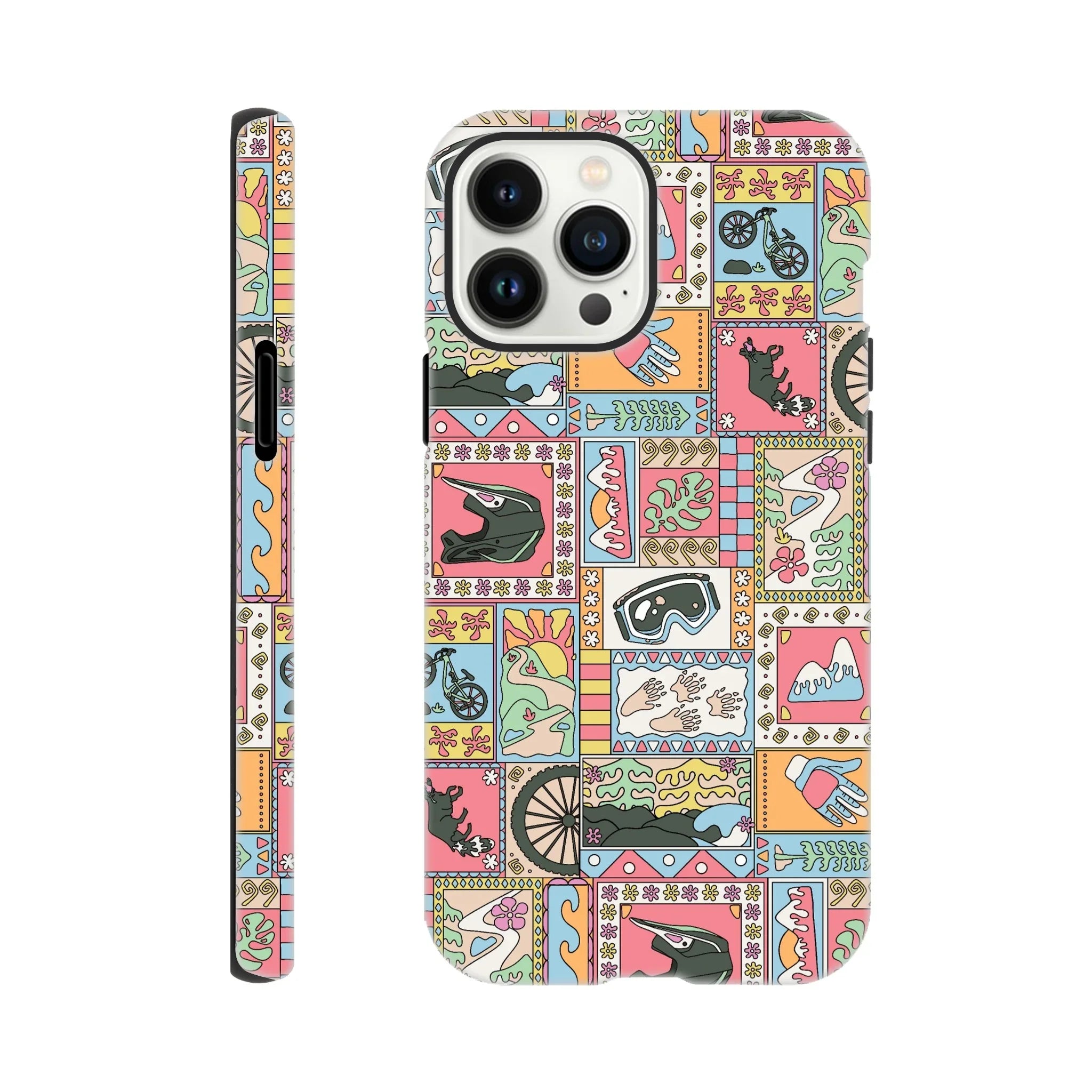 Colorful mountain biking themed phone case with helmet, gloves, goggles, bike, and nature illustrations