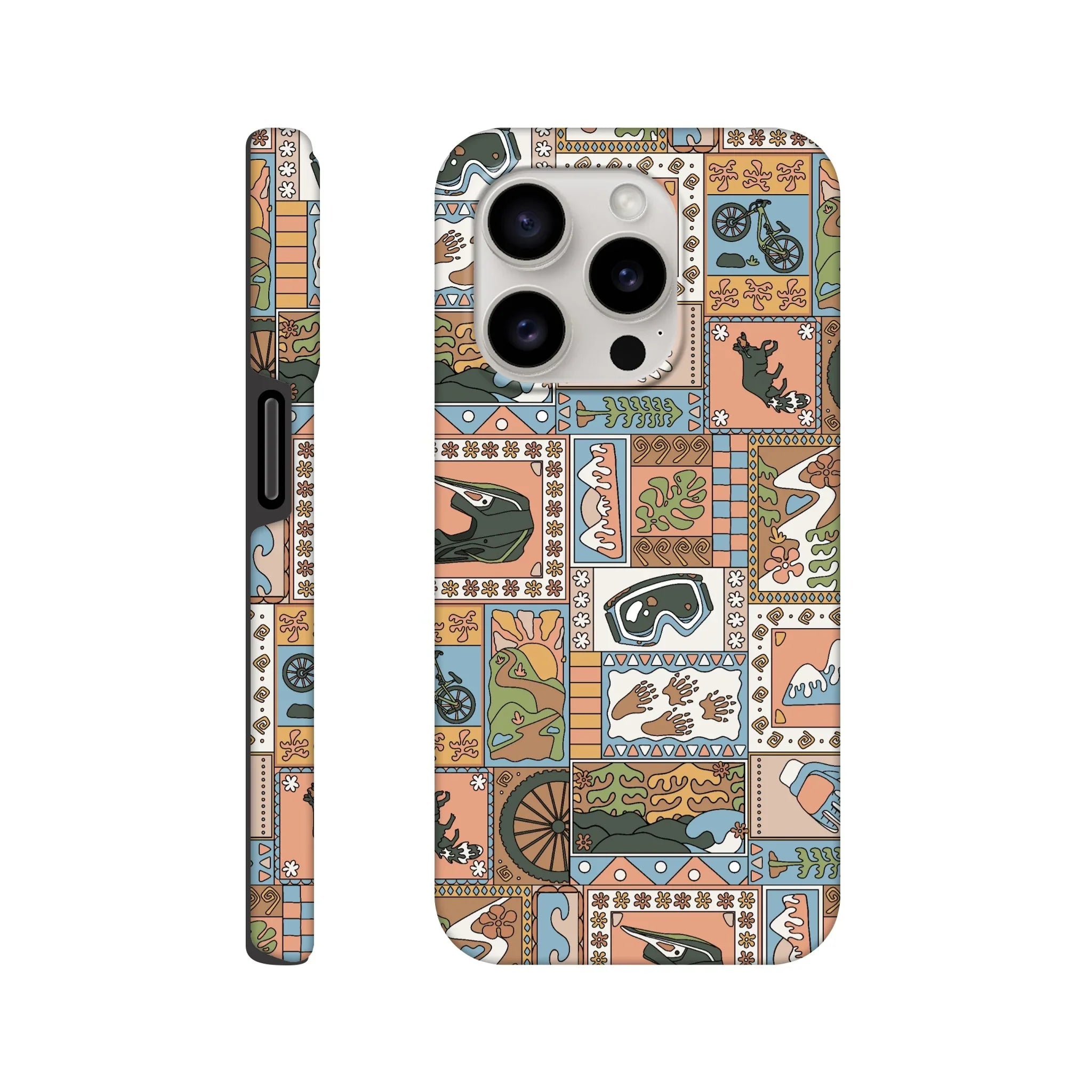 Phone case with colorful mountain biking-themed patchwork design including helmets, goggles, bikes, and nature motifs