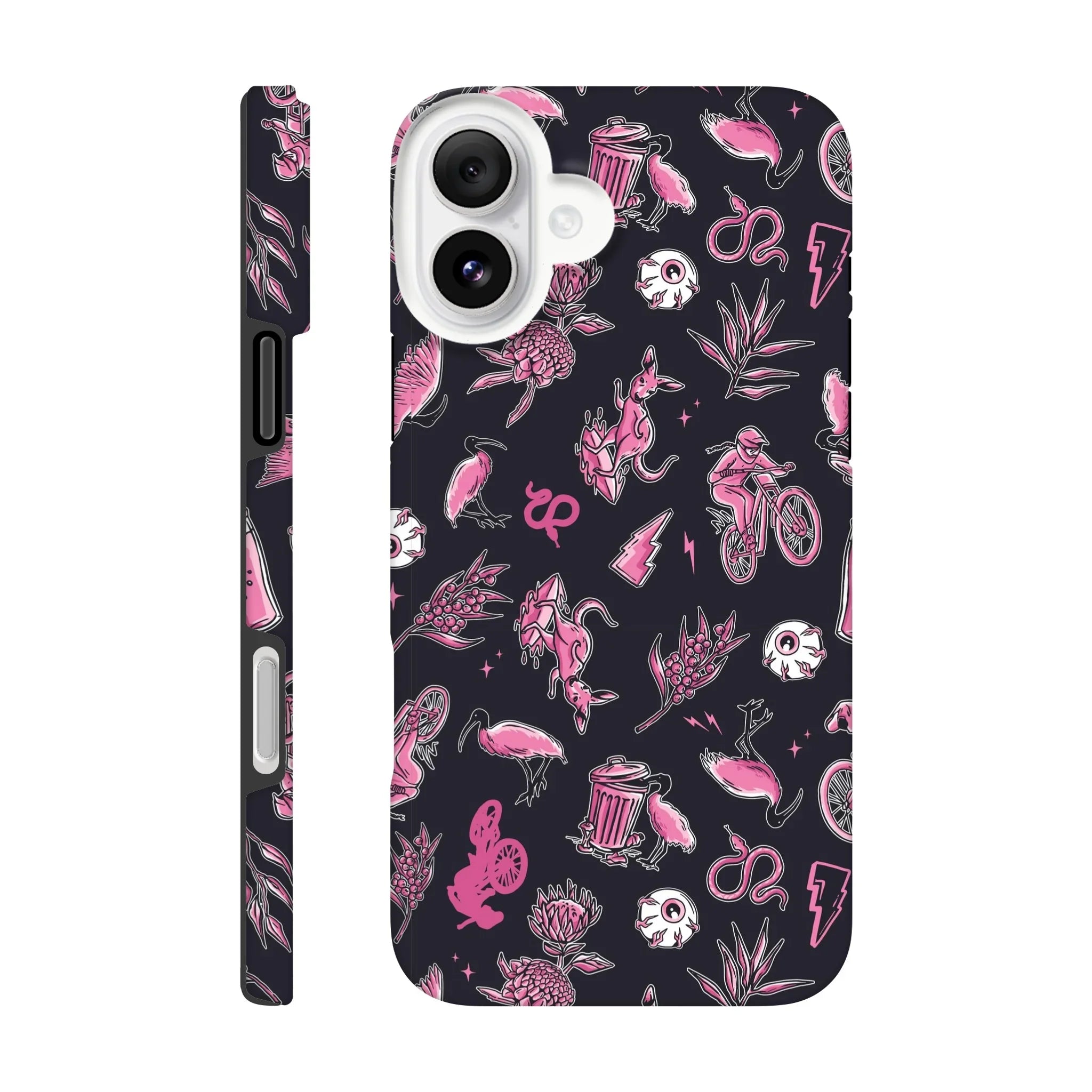 Black phone case with pink mountain bike rider, animals, plants, and lightning bolt pattern