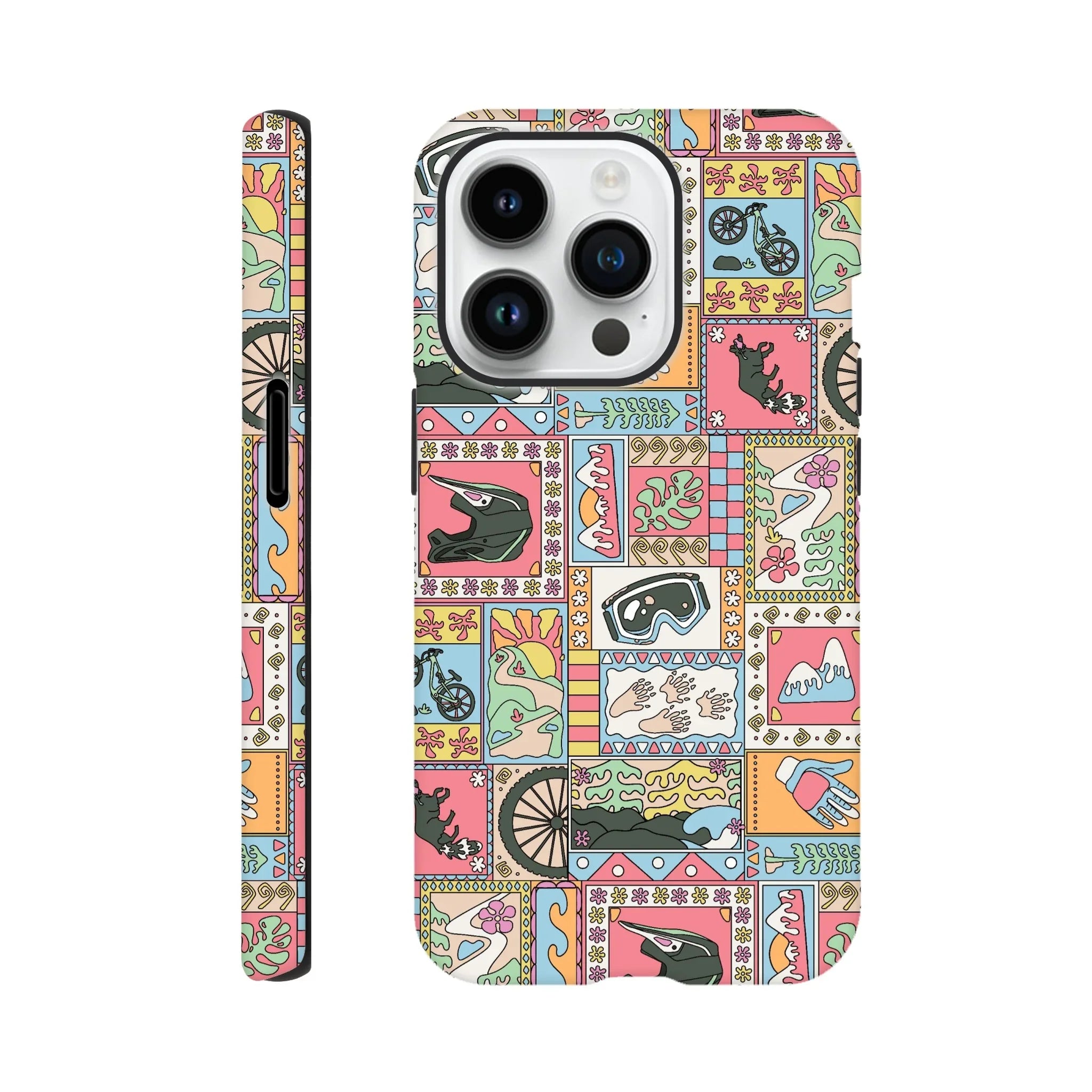 Colorful mountain bike art phone case featuring helmet, goggles, gloves, bike, and nature designs