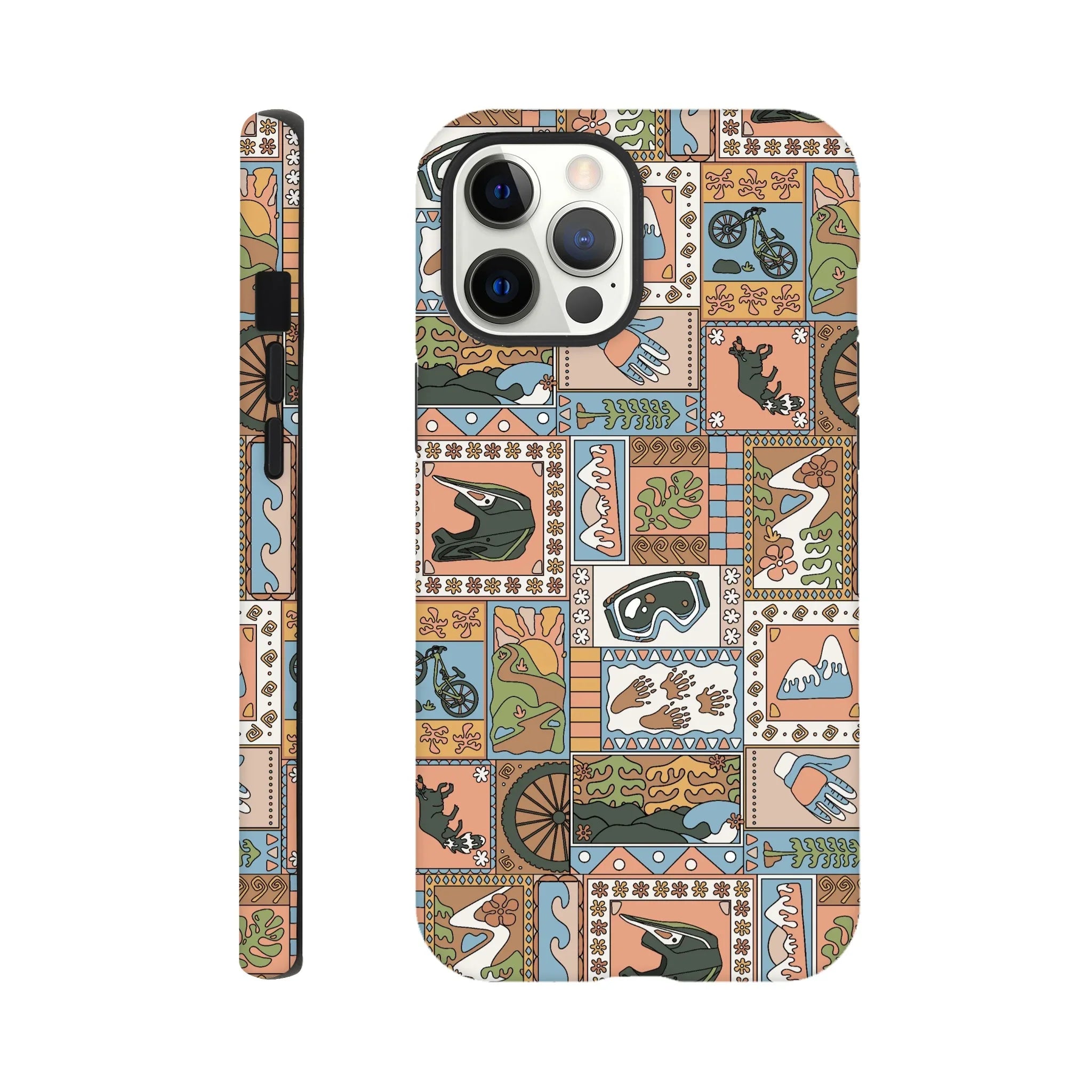 iPhone case with colorful patchwork design featuring mountain biking helmets, bikes, gloves, goggles, mountains, and nature motifs