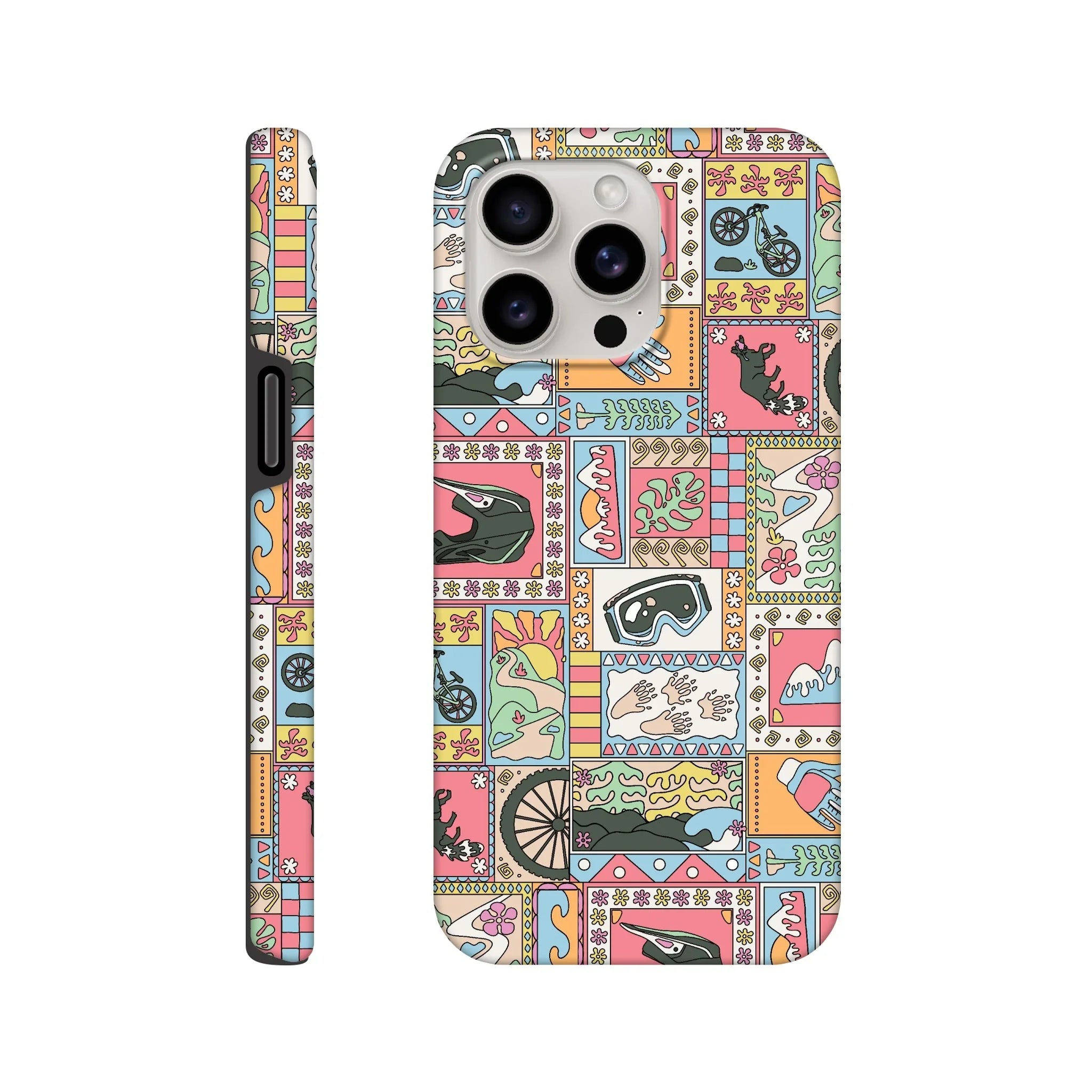 Colorful phone case with mountain biking themed illustrations including helmets, bikes, goggles, mountains, and nature motifs