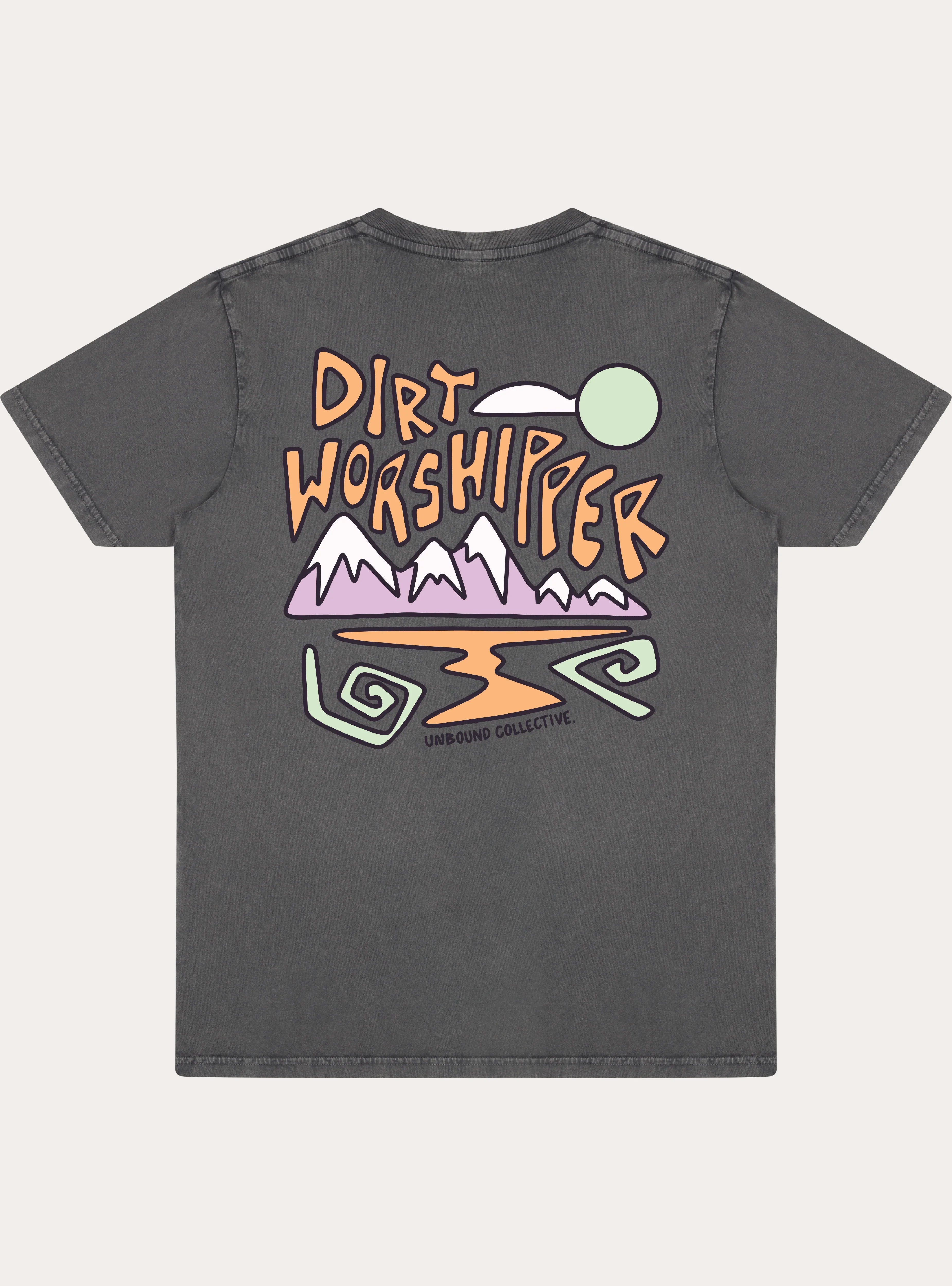Faded black unisex tee with colorful mountain design and text Dirt Worshipper on back, Unbound Collective