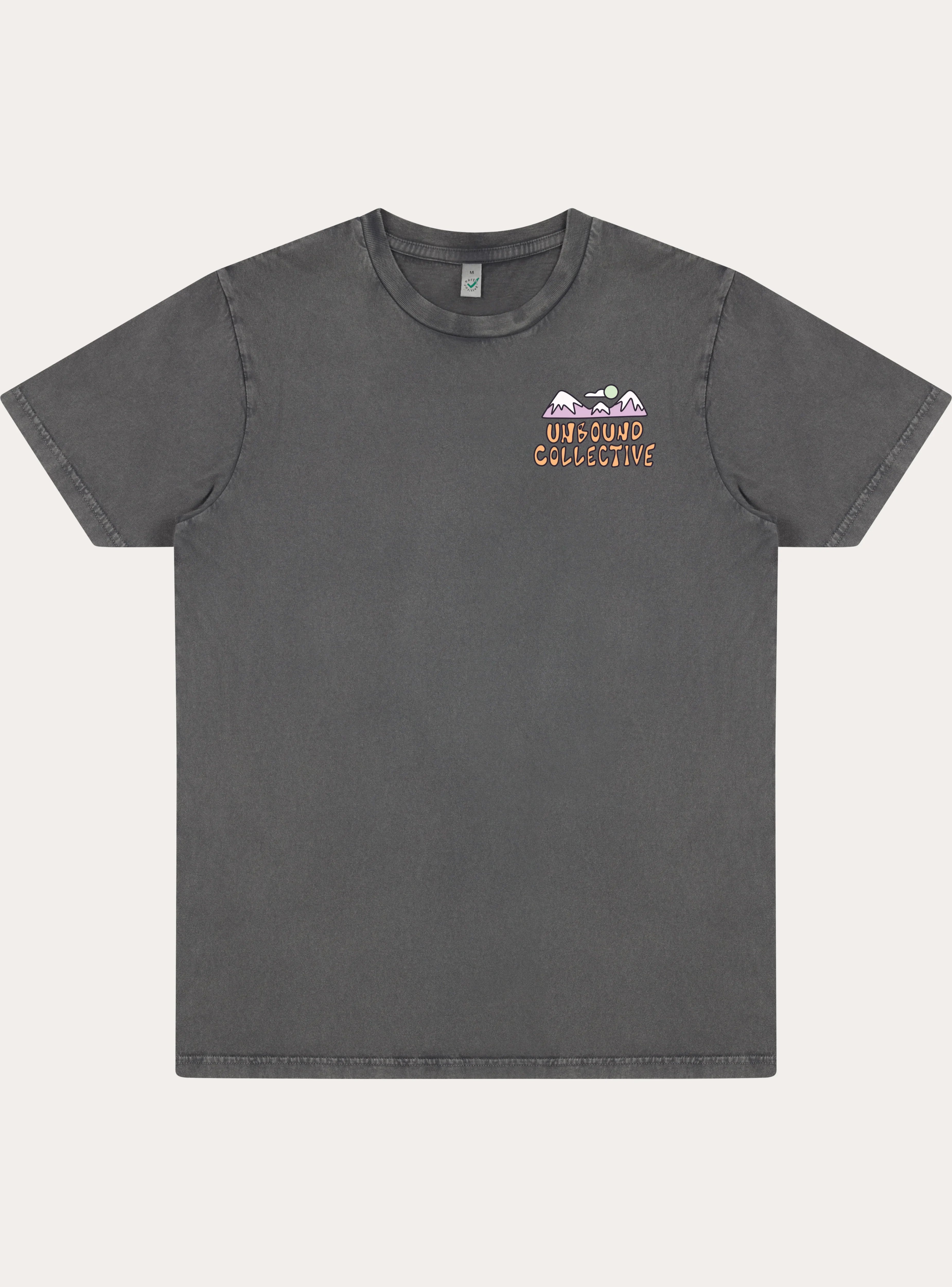 Faded black unisex tee with small mountain and sun graphic and Unbound Collective text on chest