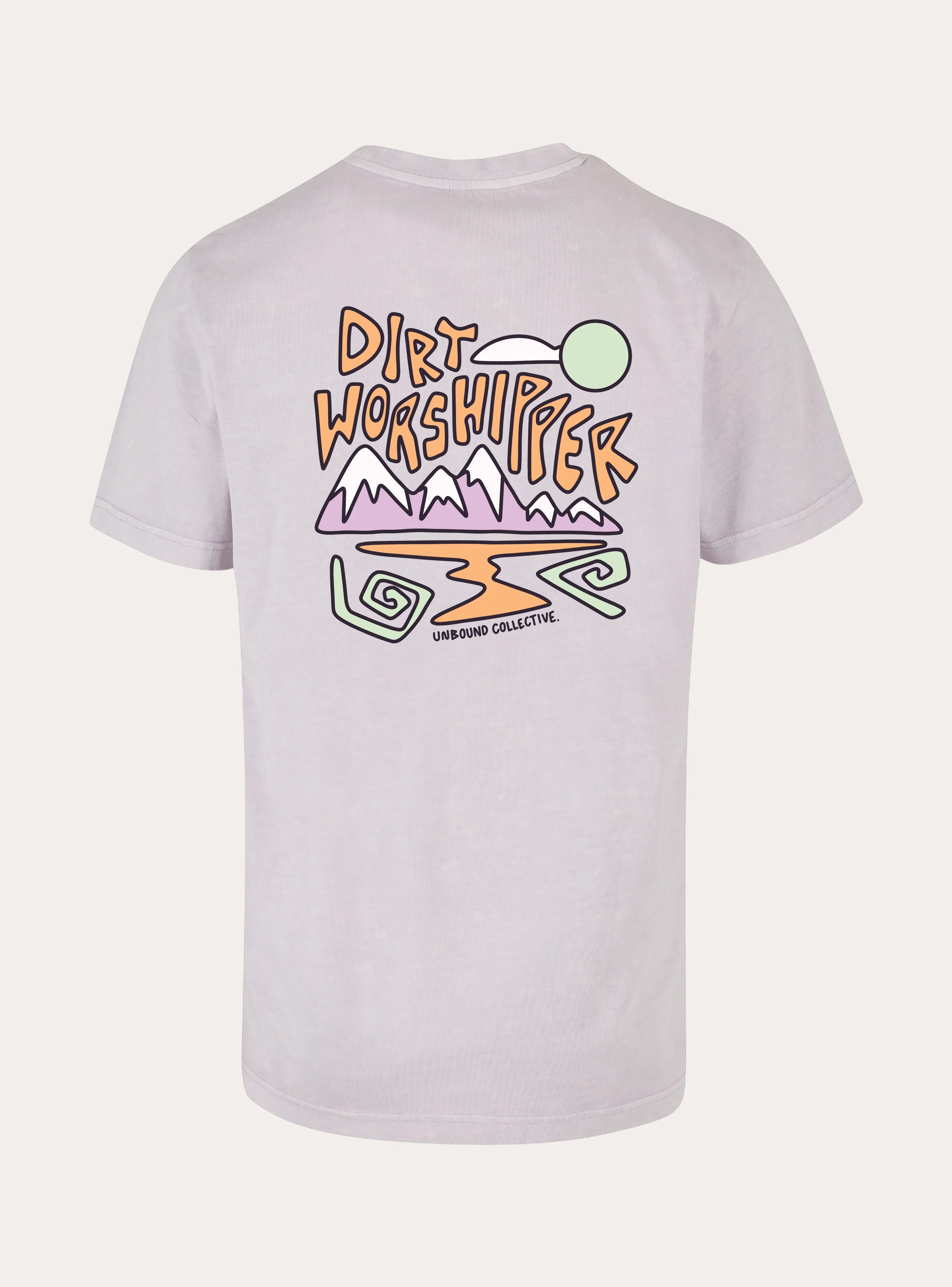 Back of faded lavender unisex tee with colorful Dirt Worshipper mountain bike graphic and Unbound Collective logo