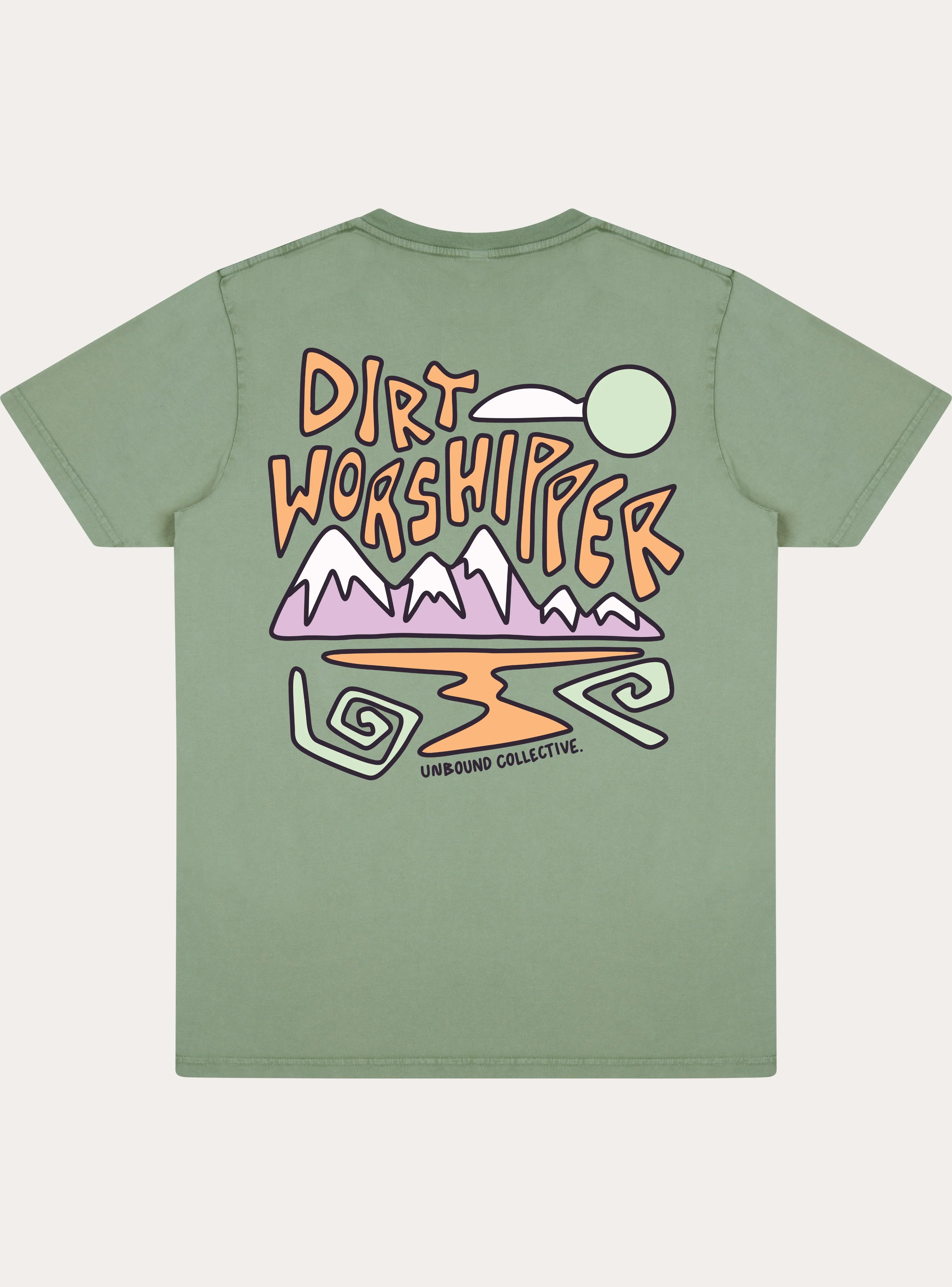 Faded sage green unisex tee with colorful mountain bike art and Dirt Worshipper text on back