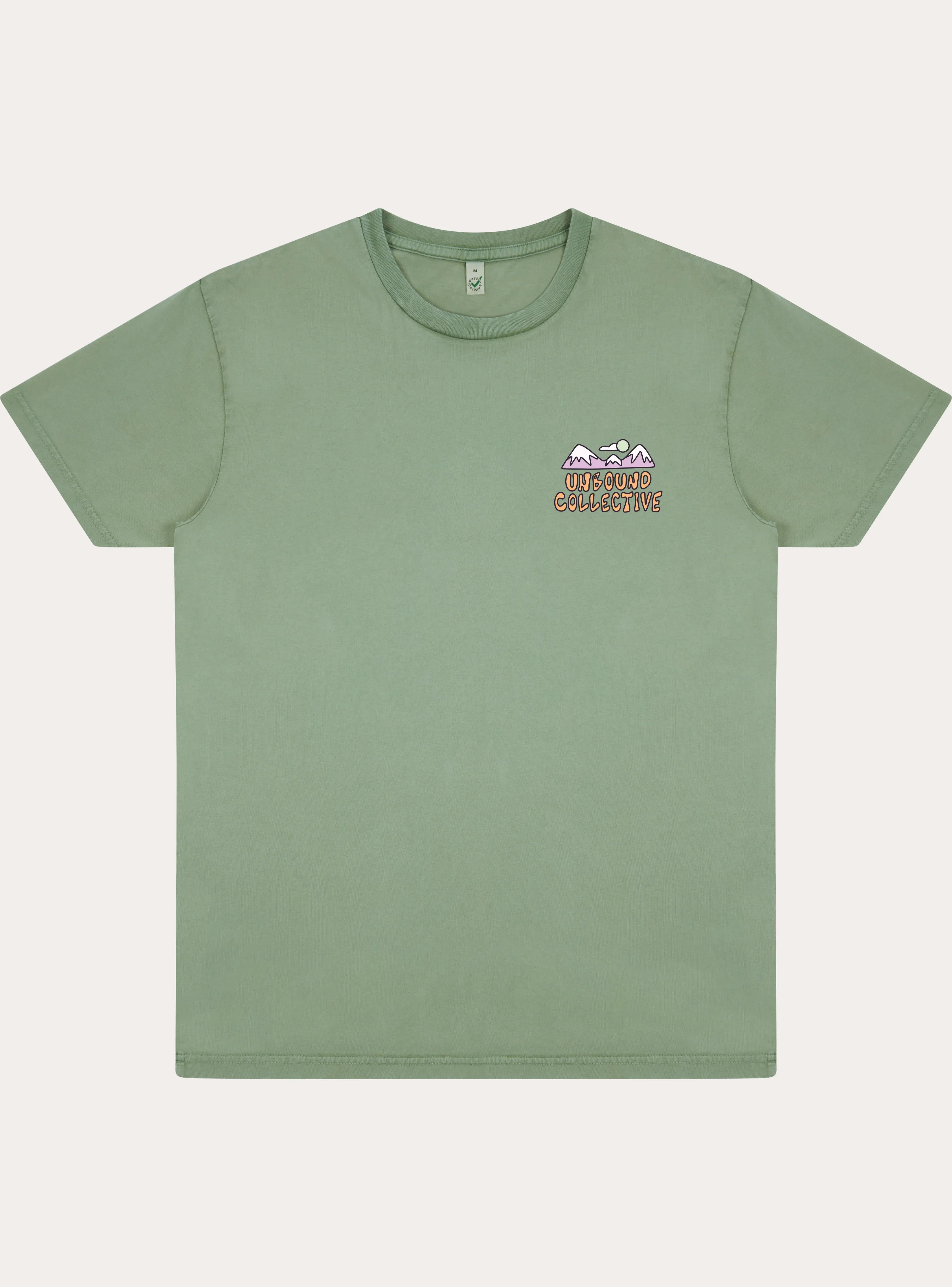 Unisex faded sage green t-shirt with small mountain graphic and Unbound Collective logo on chest