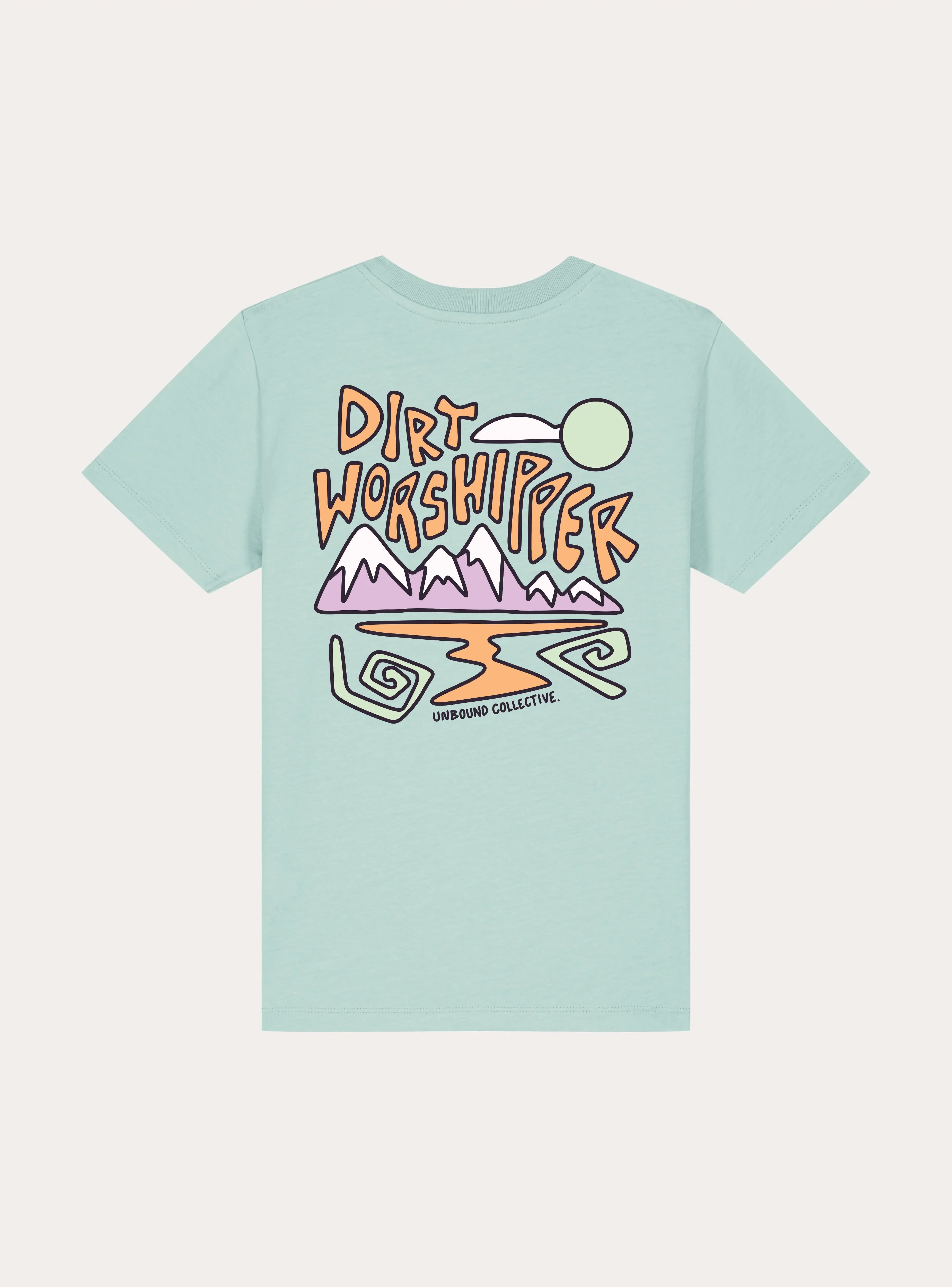 Light blue youth t-shirt with colorful mountain bike themed graphic and Dirt Worshipper text