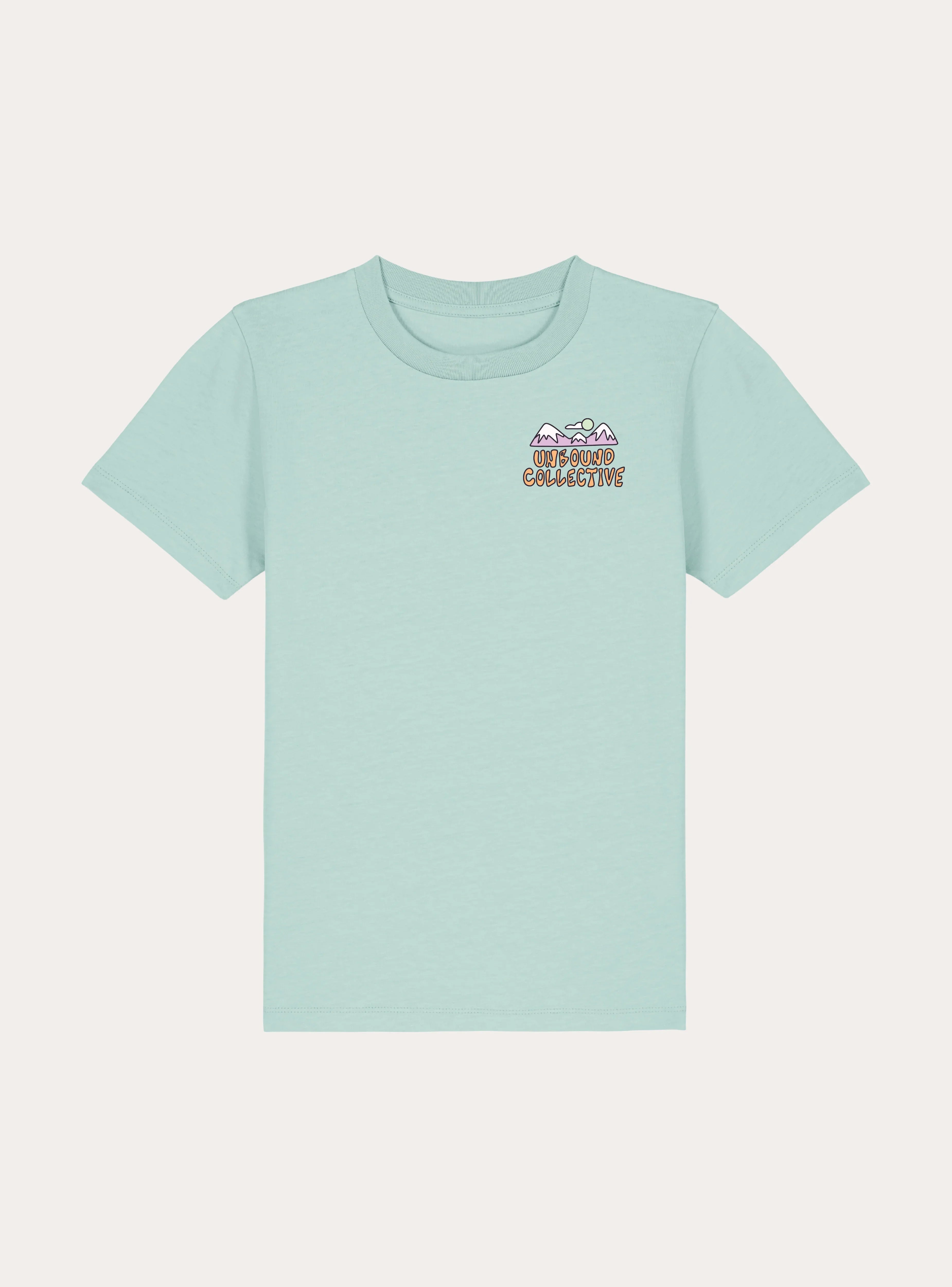 Light blue youth t-shirt with small Unbound Collective mountain bike logo on chest