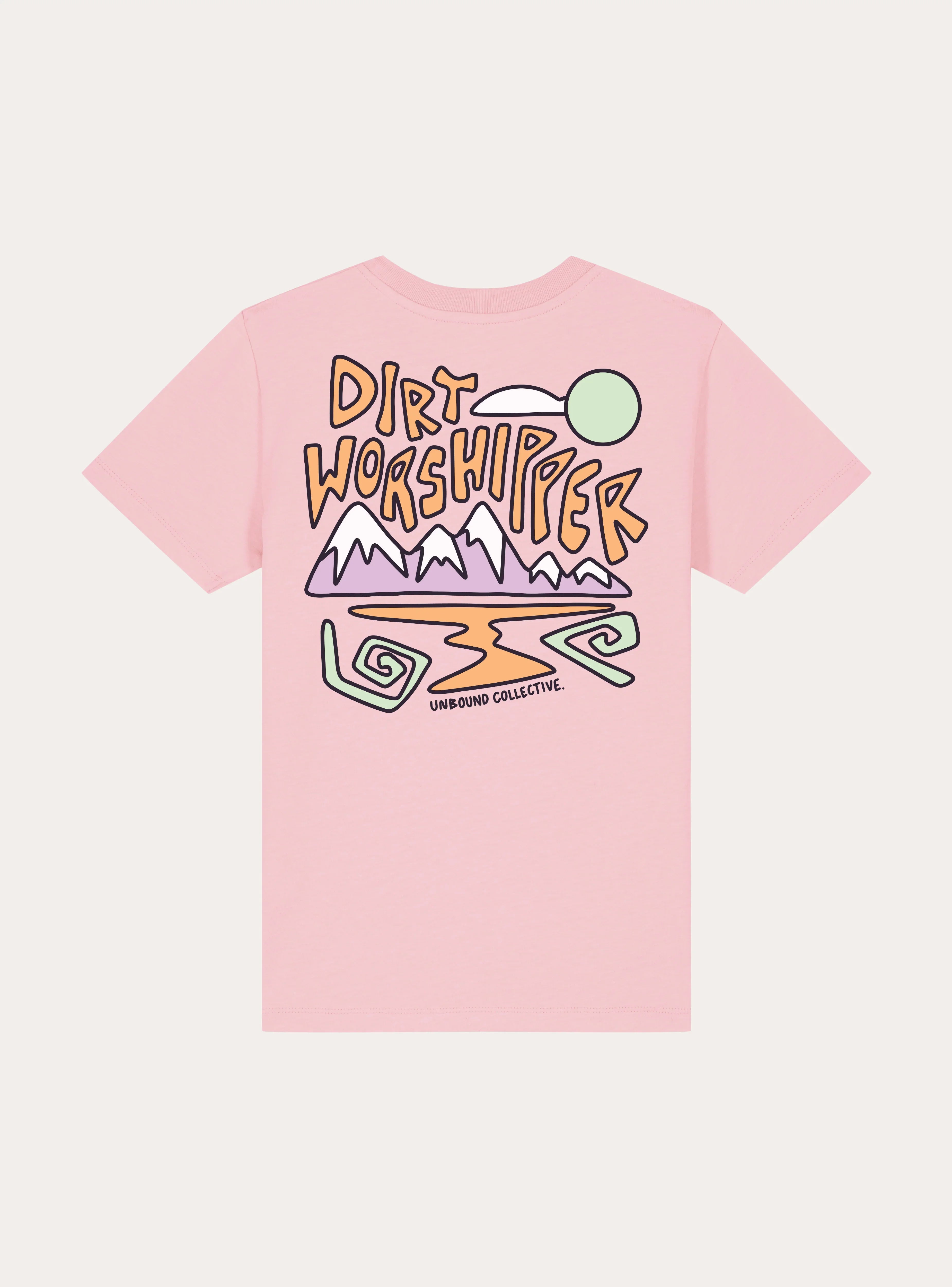 Pink youth t-shirt with colorful 'Dirt Worshipper' mountain and river graphic, Unbound Collective logo