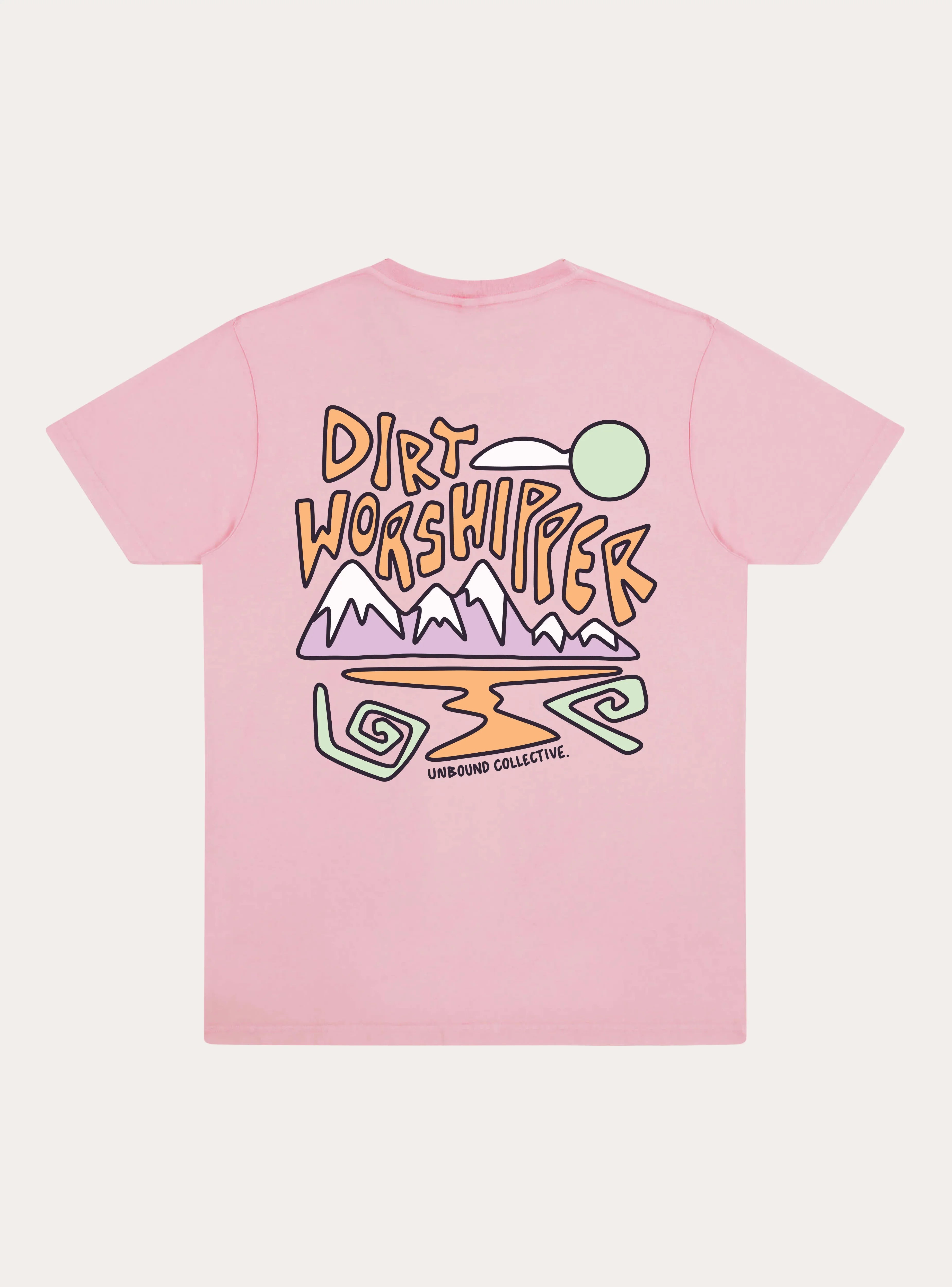 Unisex faded pink tee with colorful mountain bike design and "Dirt Worshipper" text by Unbound Collective