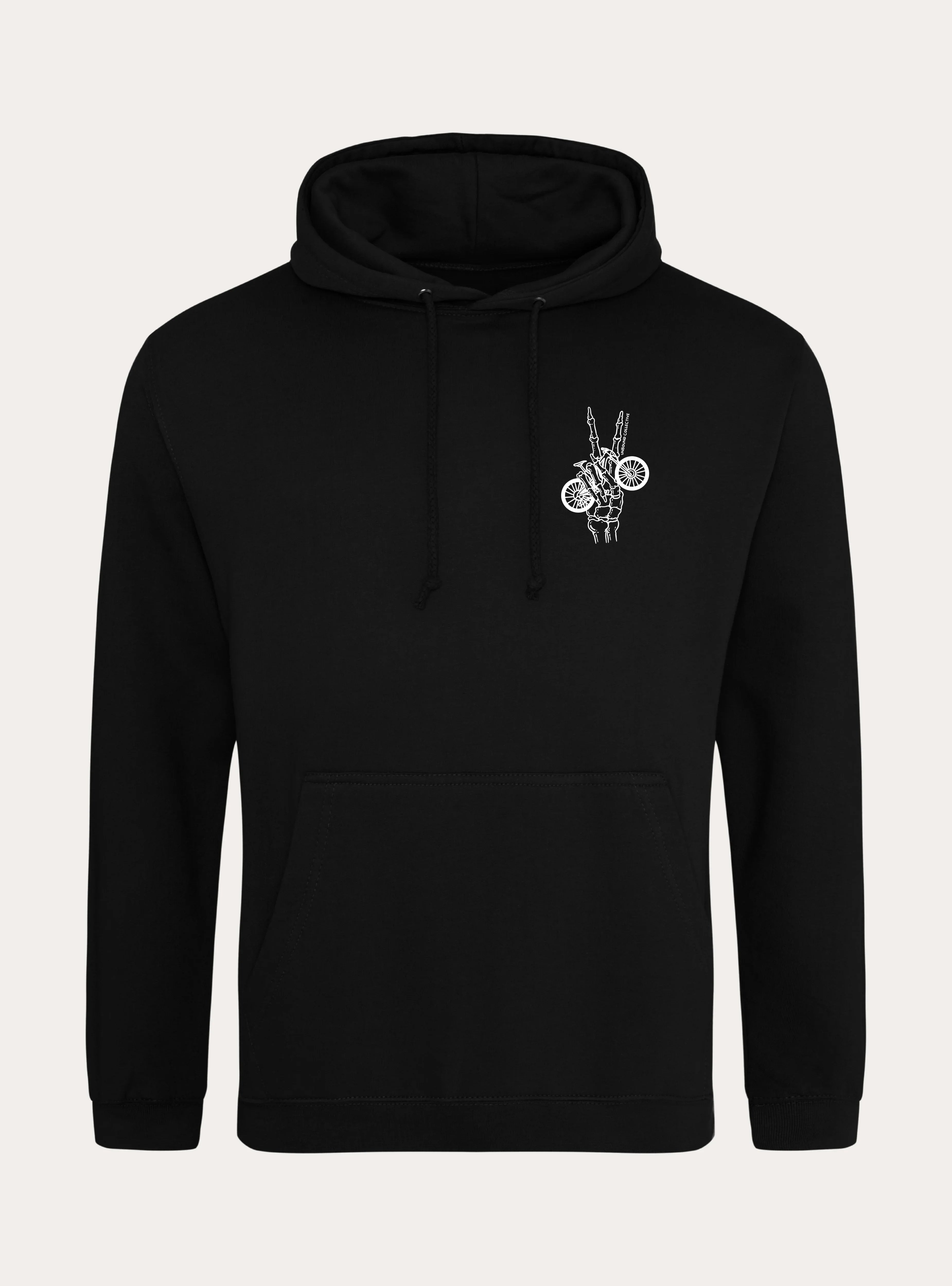Black mountain bike hoodie with white skeleton hand holding bike wheels graphic on chest
