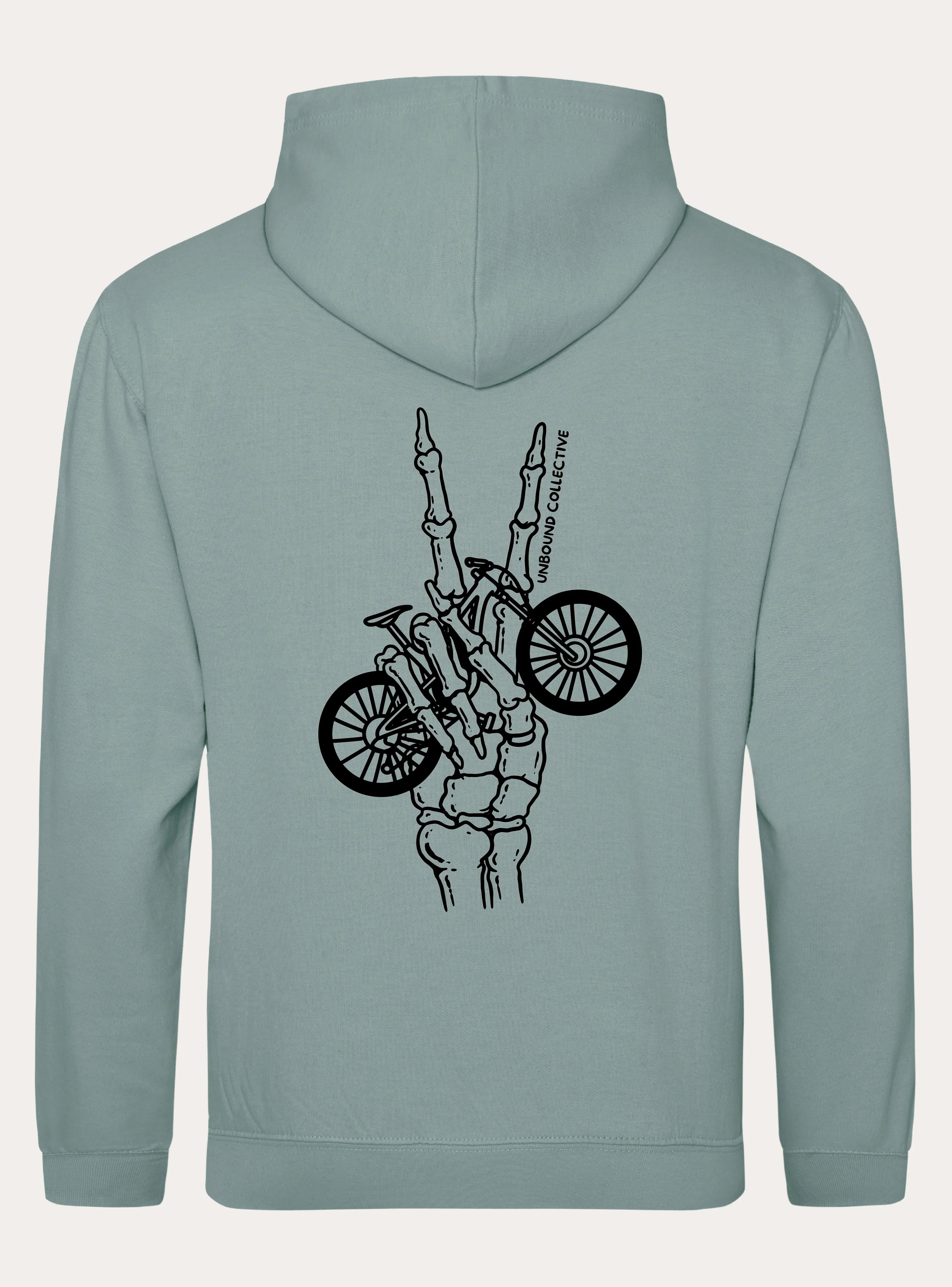 Sage green hoodie with black graphic of skeletal hand holding a mountain bike and Unbound Collective text