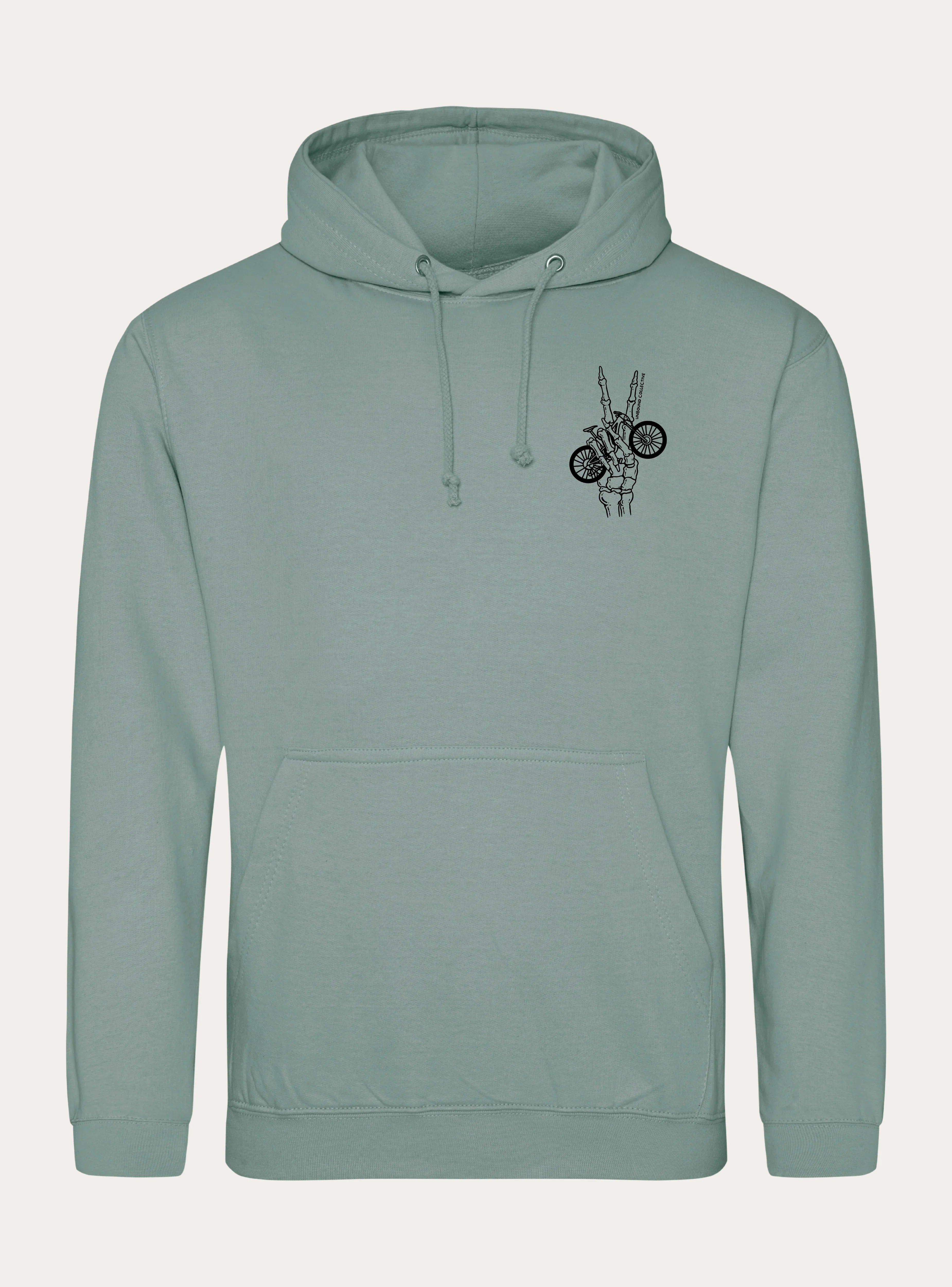 Sage green mountain bike hoodie with skeleton hand holding a bike graphic on chest, sustainable MTB apparel