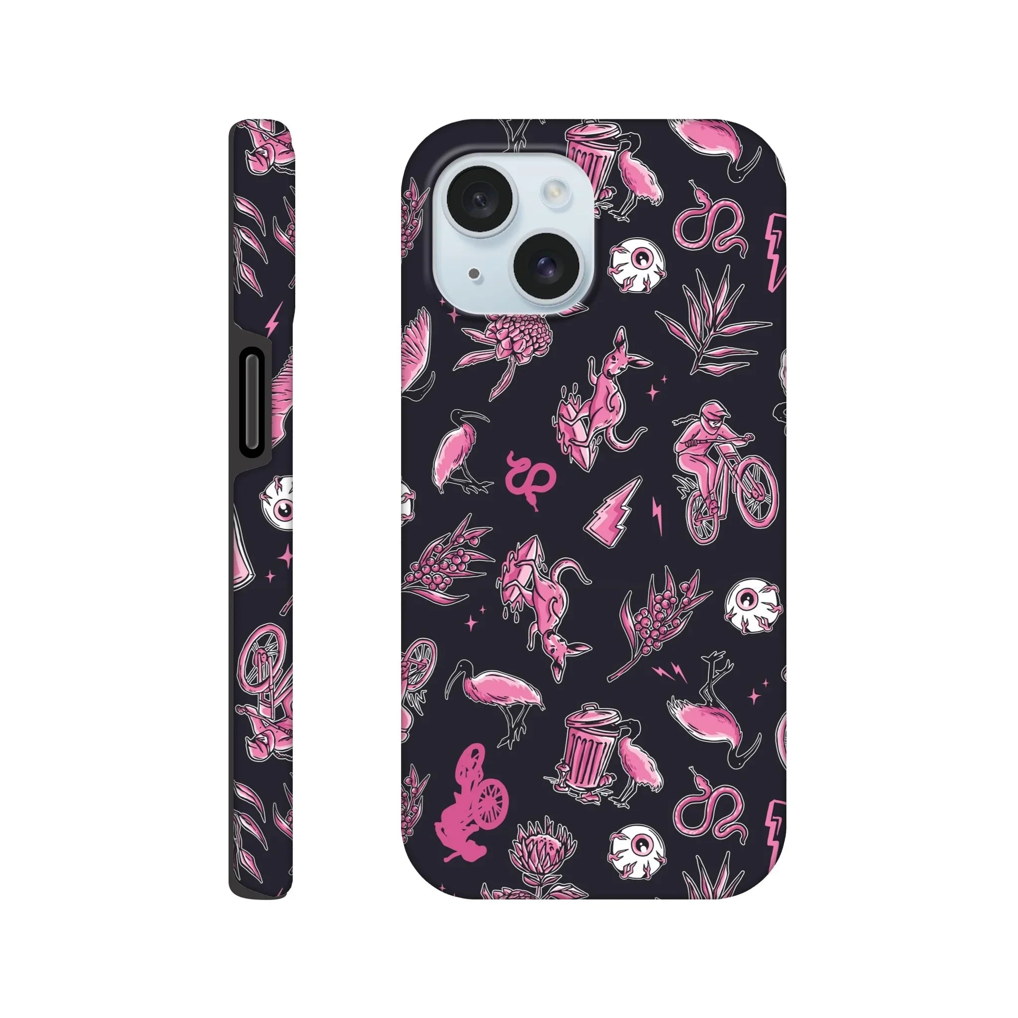 Black phone case with pink mountain bike rider, kangaroo, flamingos, skulls, plants, and lightning bolt designs