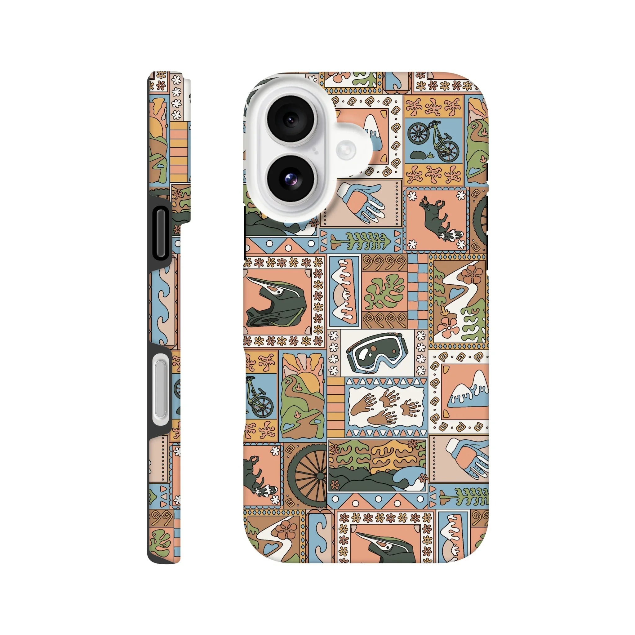 Phone case with colorful mountain bike themed illustrations including helmet, goggles, bike wheel, gloves, and nature motifs