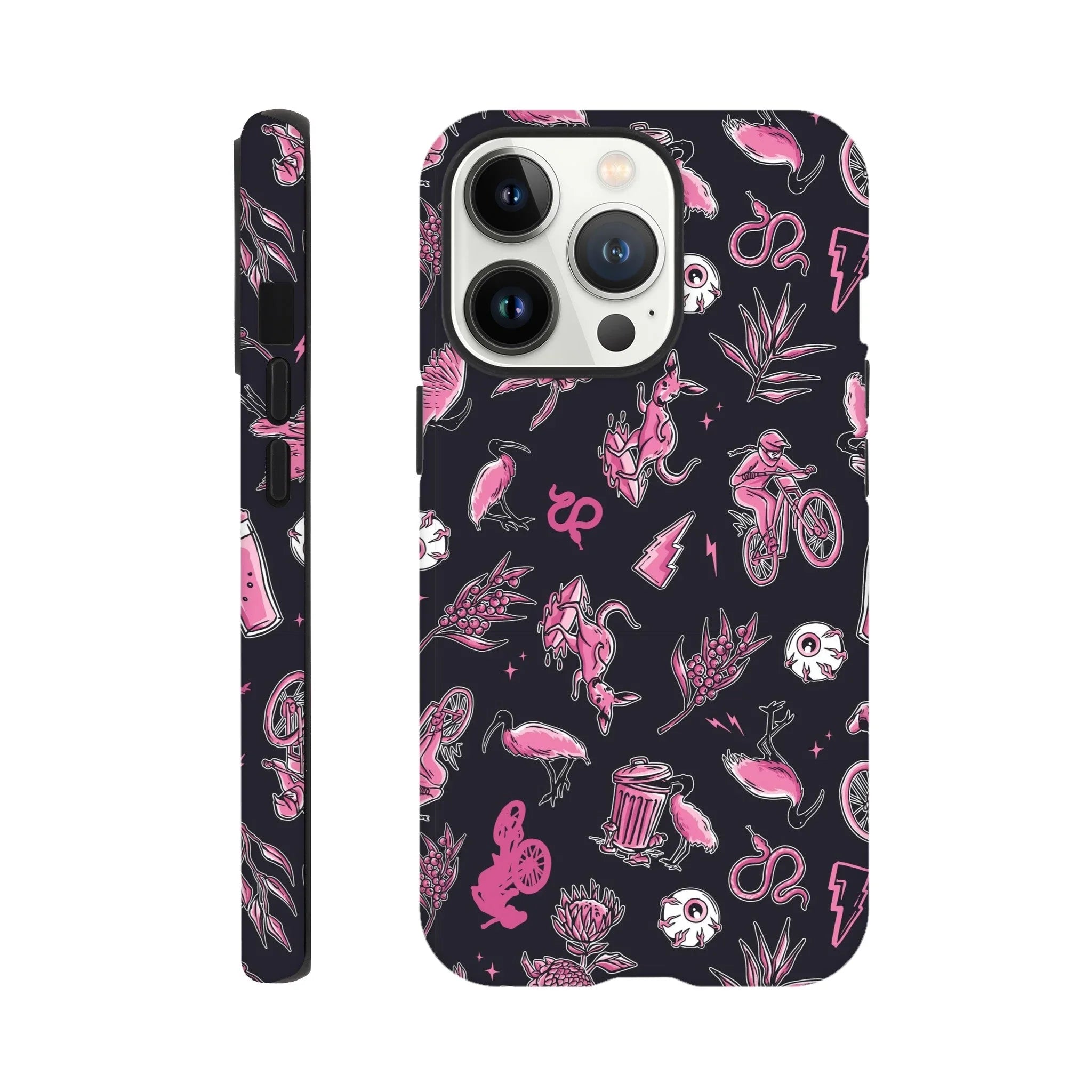 Black iPhone case with pink and white Australian-themed illustrations including kangaroos, mountain bikers, birds, plants, and lightning bolts