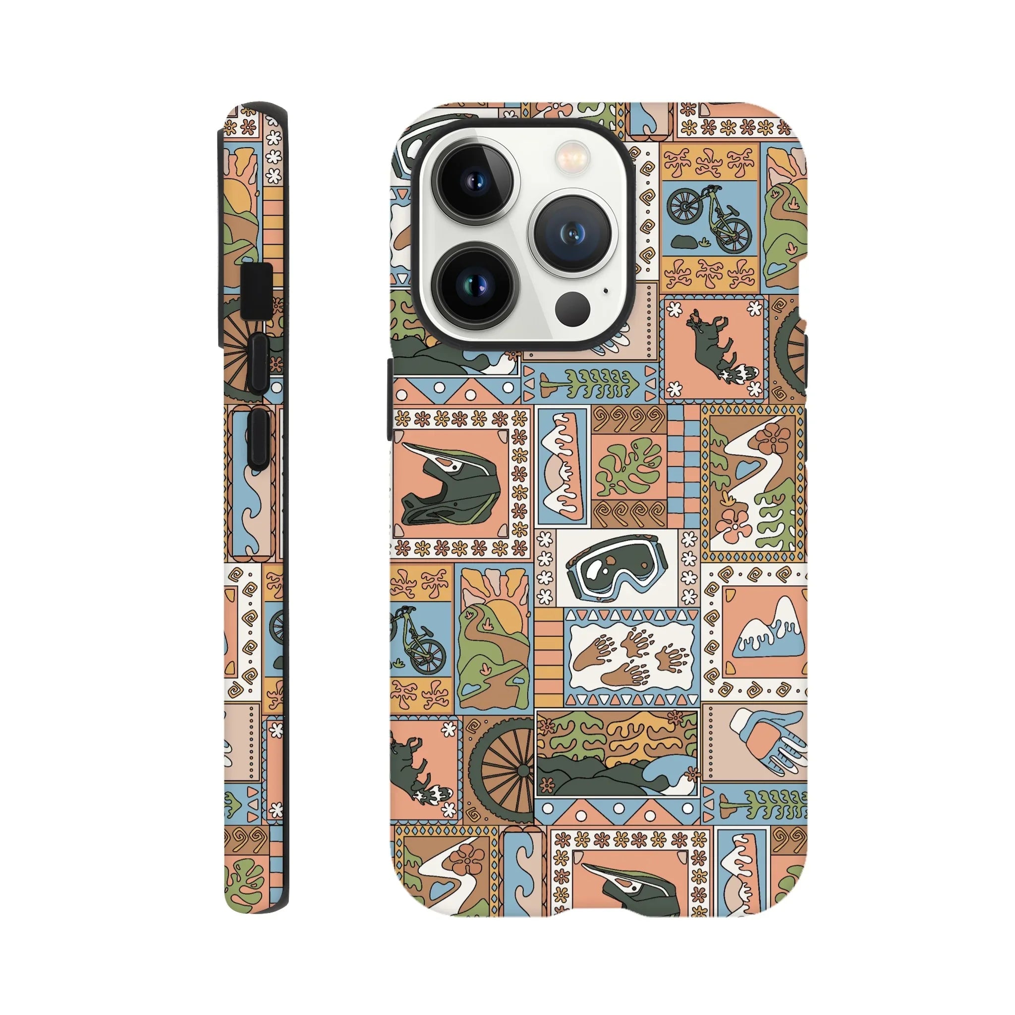 Mountain bike-themed phone case with patchwork design of helmets, goggles, gloves, bike wheels, and nature motifs