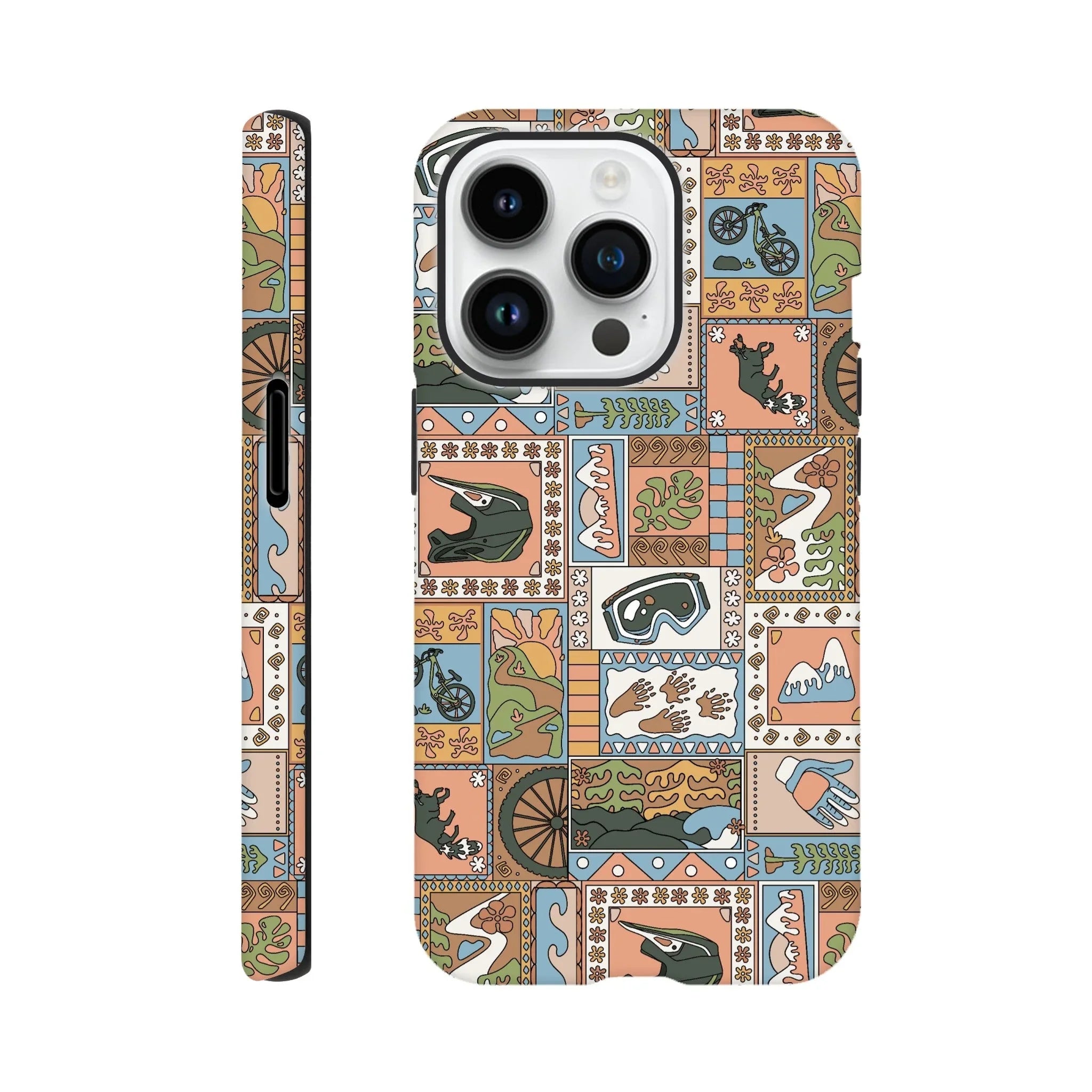 iPhone case with colorful mountain biking-themed patchwork design featuring helmet, goggles, gloves, bike, and nature illustrations