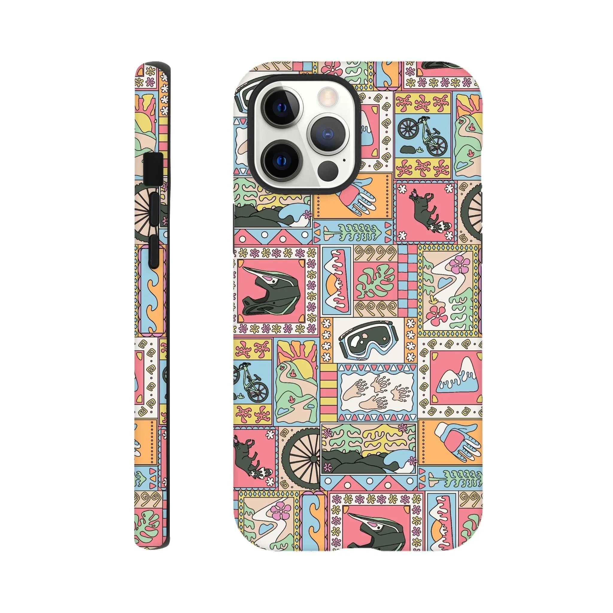 Colorful iPhone case with mountain biking themed art including helmets, gloves, goggles, bikes, and nature patterns