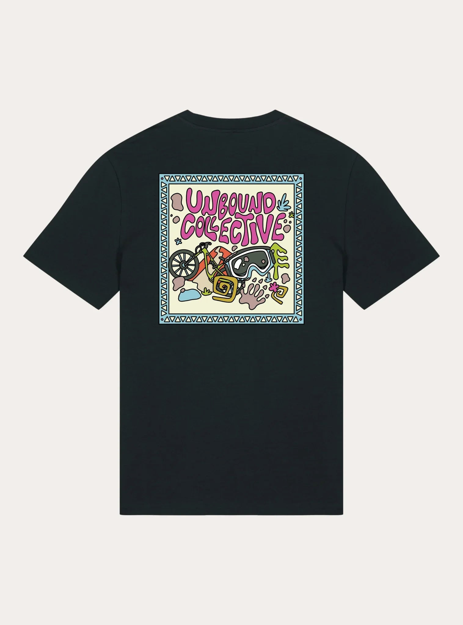 Black unisex tee with colorful Backcountry mountain biking graphic featuring goggles, bike parts, and 'Unbound Collective' text