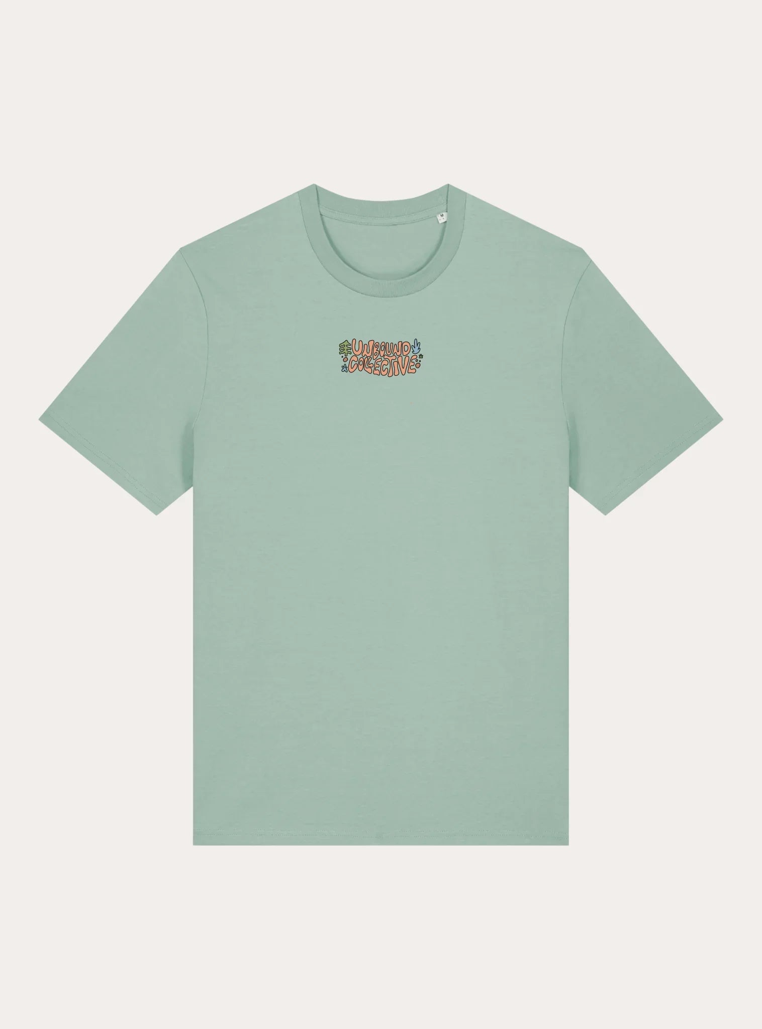 Unisex light green t-shirt with colorful Unbound Collective logo and artistic design at chest
