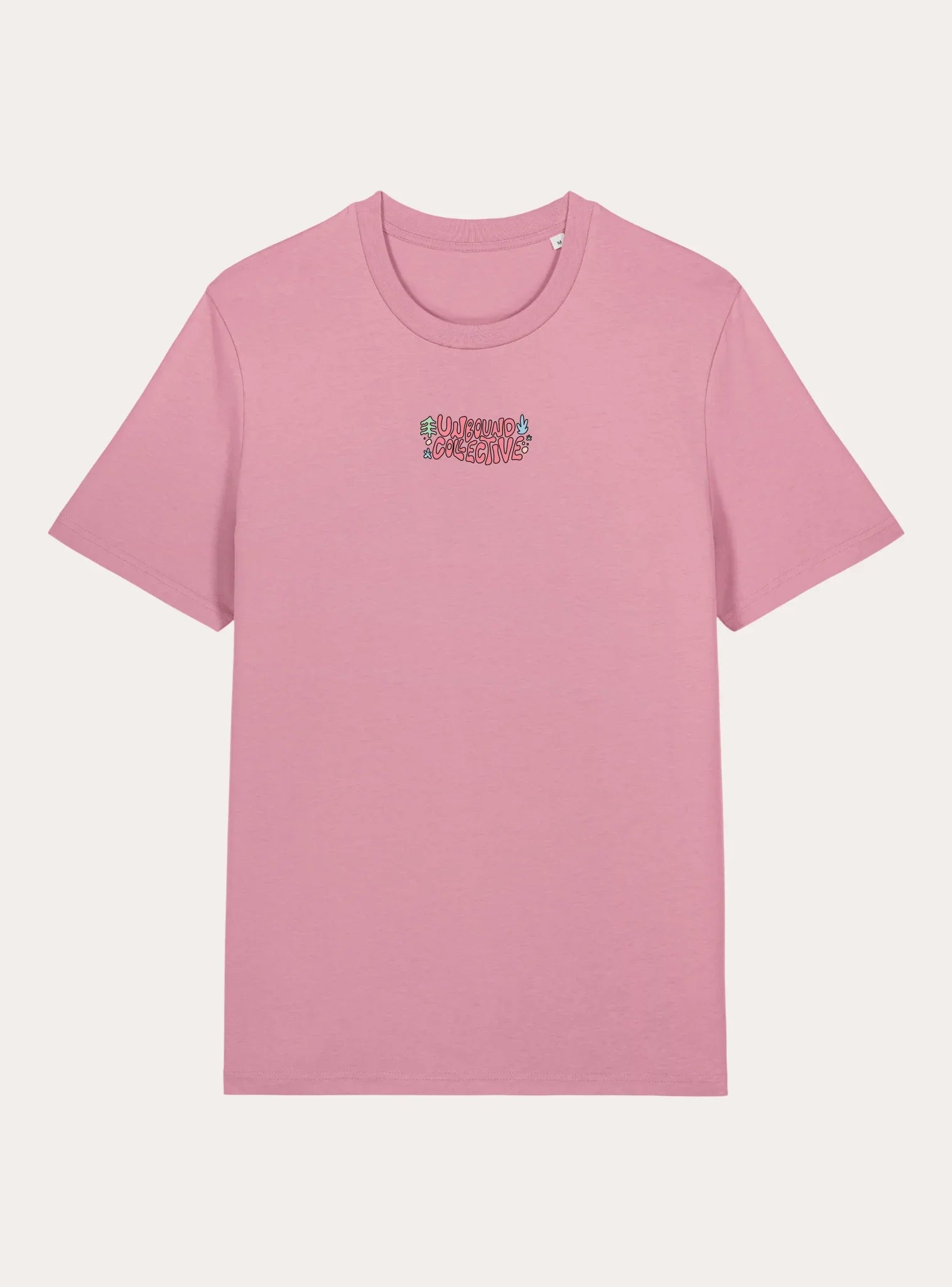 Pink Unbound Collective unisex tee with small colorful brand logo and nature-themed illustrations center chest