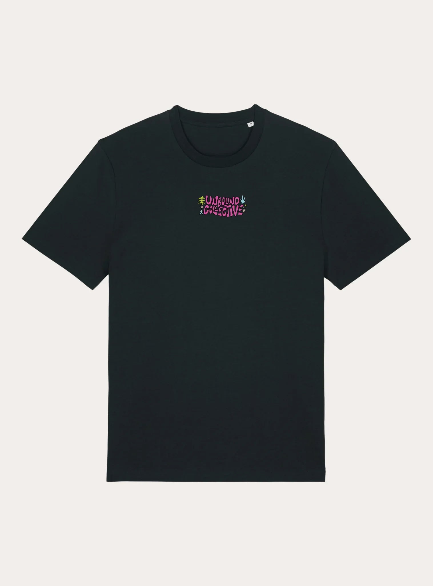 Black unisex t-shirt with small colorful Unbound Collective logo on chest, sustainable MTB apparel