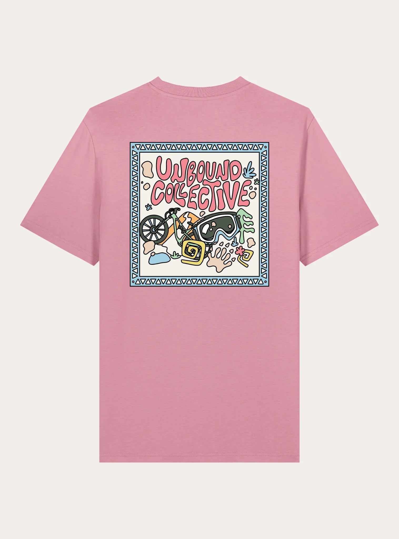 Pink unisex tee with colorful mountain bike and goggles graphic and Unbound Collective text on back