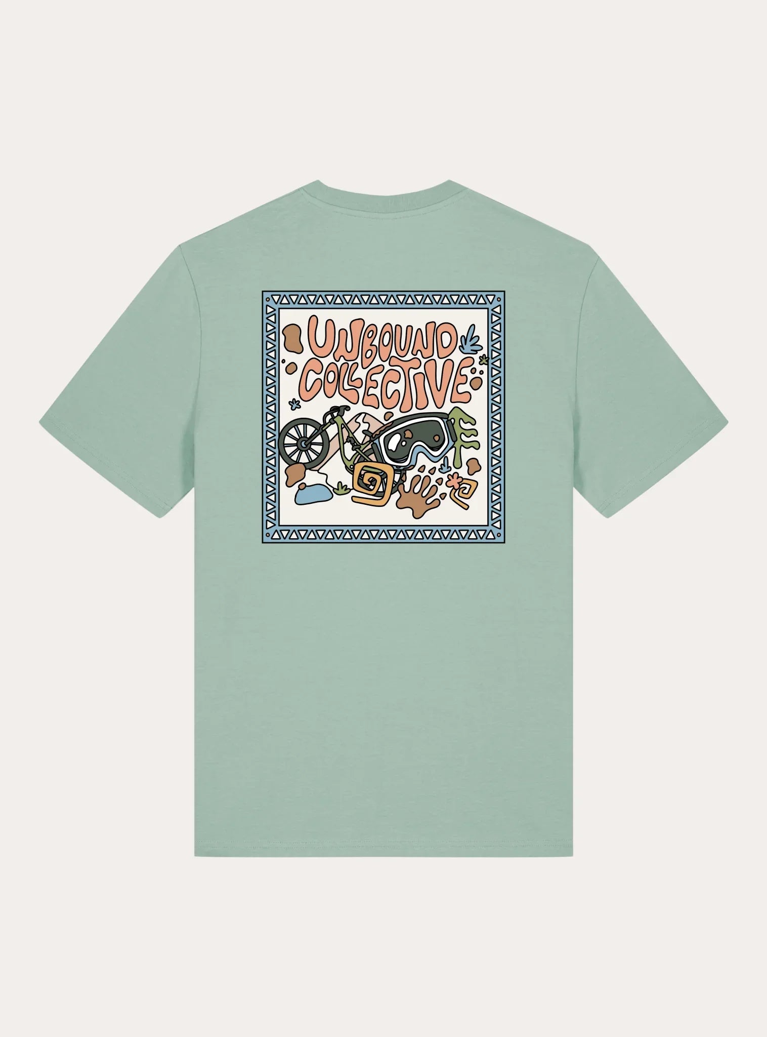 Unisex sage green tee with colorful back print featuring mountain bike, goggles, and Unbound Collective text