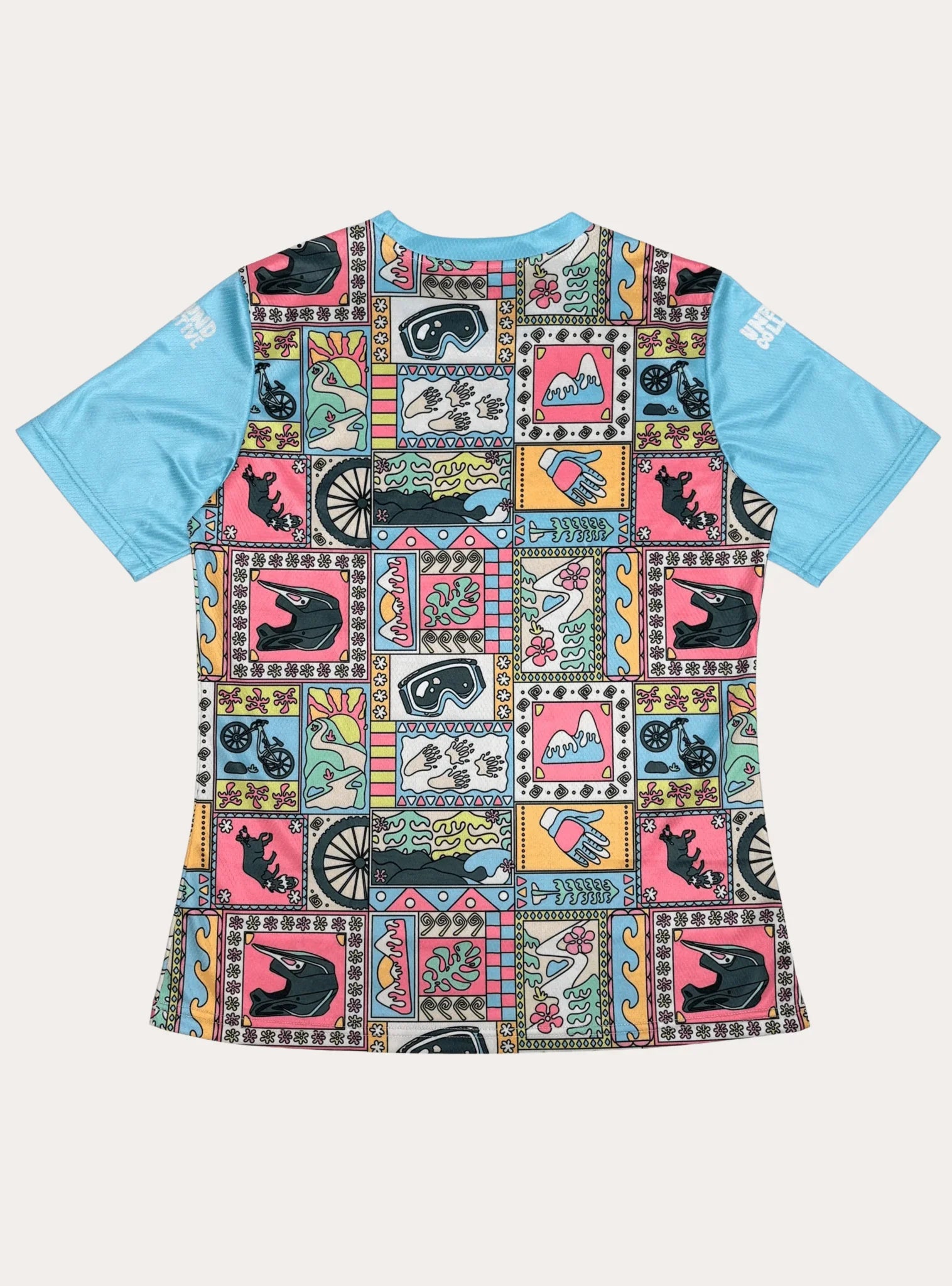 Women's short sleeve MTB jersey with blue sleeves and colorful square pattern featuring bike gear, mountains, gloves, and nature motifs