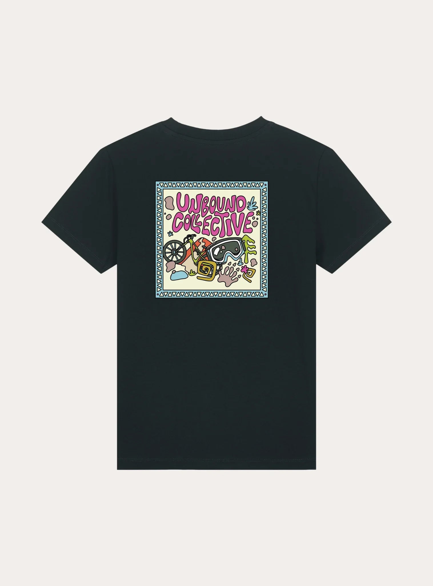 Black youth t-shirt with colorful mountain bike art and Unbound Collective logo on back