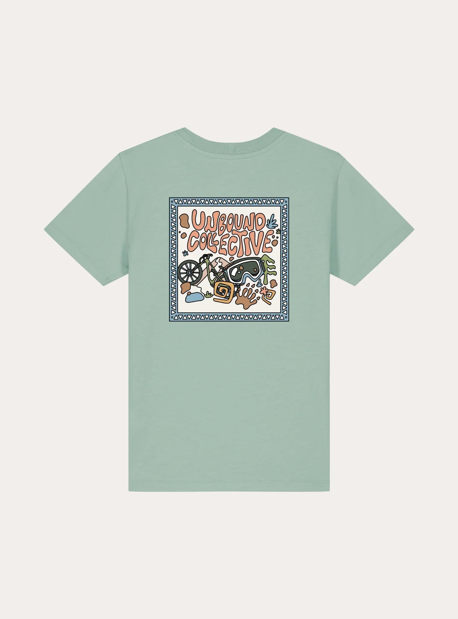 Light green youth tee with colorful mountain bike and goggles graphic and Unbound Collective logo on the back
