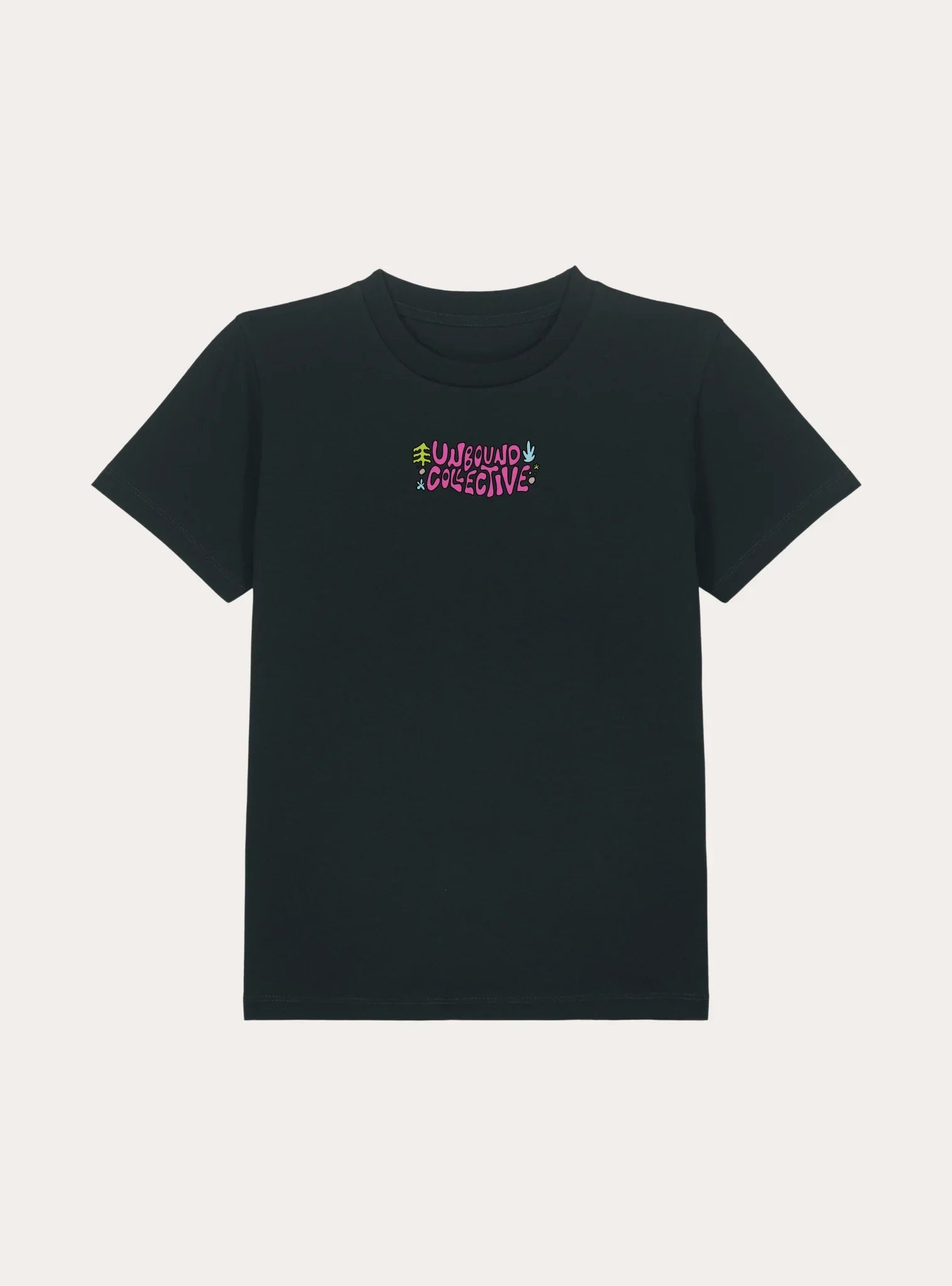 Black youth T-shirt with colorful Unbound Collective logo and nature graphics on chest