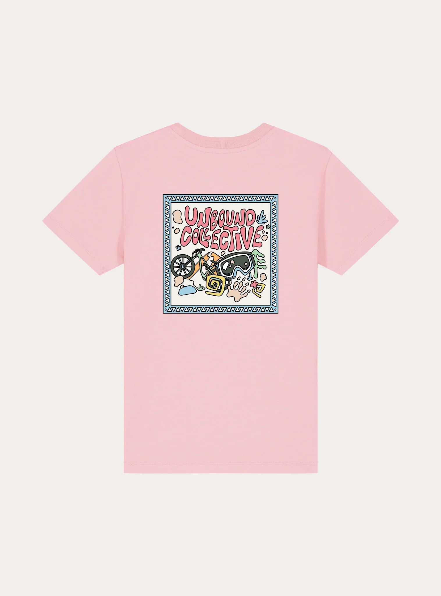 Pink youth t-shirt with colorful mountain bike-themed graphic and Unbound Collective text on back