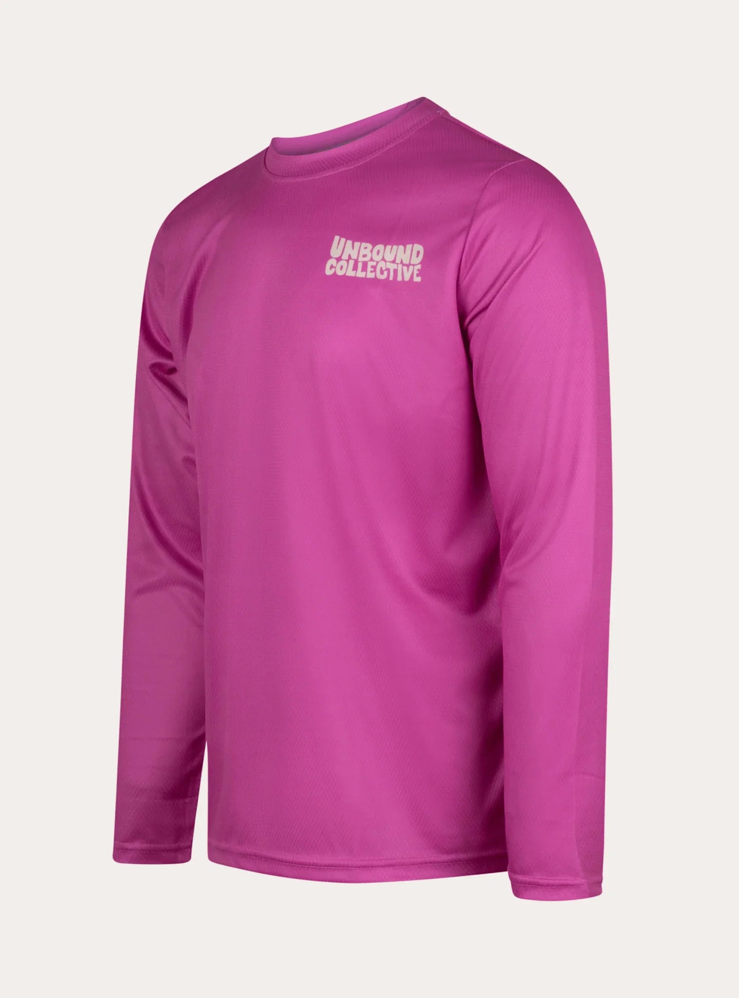 Berry-colored long sleeve sustainable mountain bike jersey with Unbound Collective logo on chest