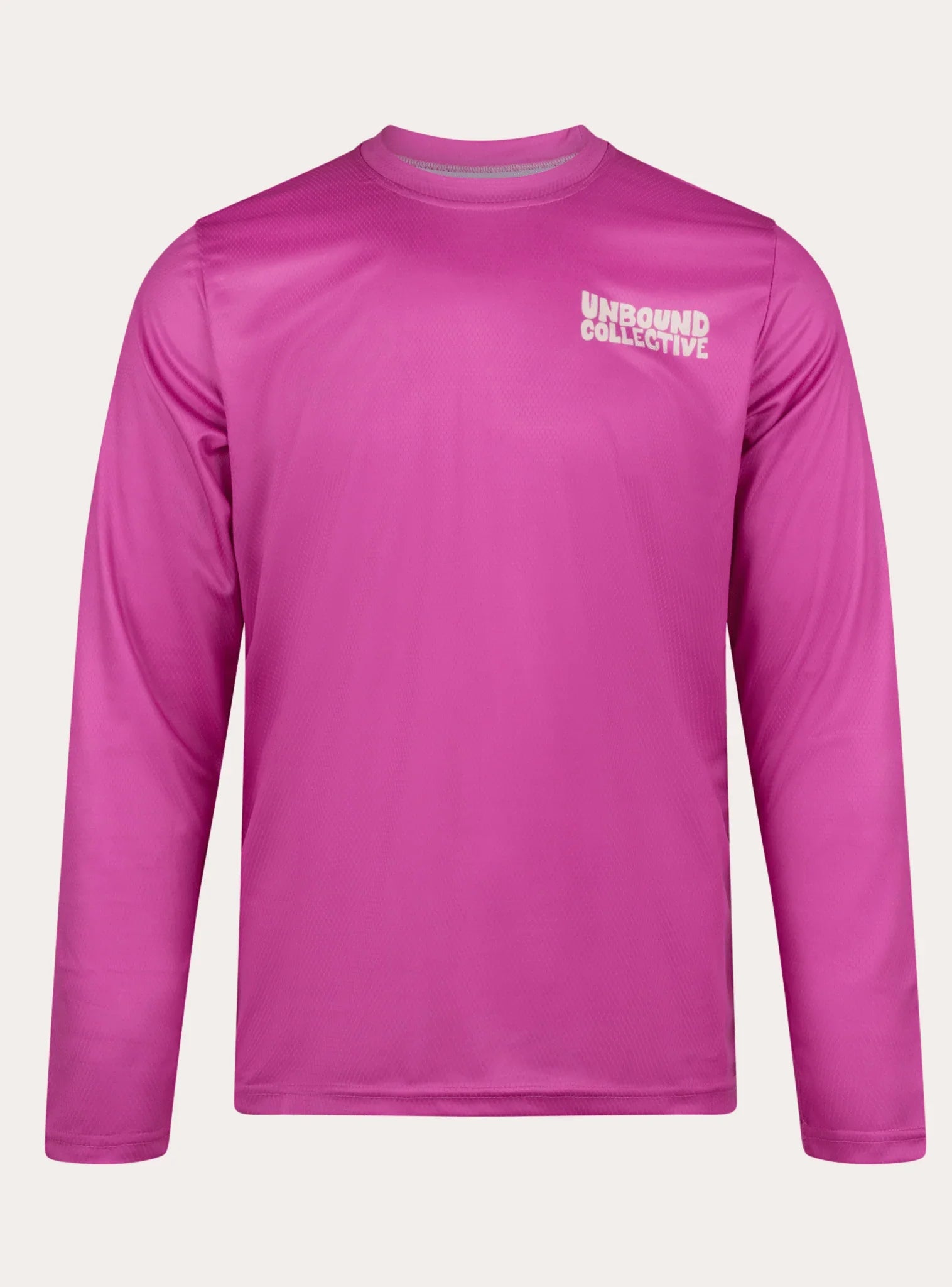 Berry pink long sleeve mountain bike jersey with Unbound Collective logo on chest